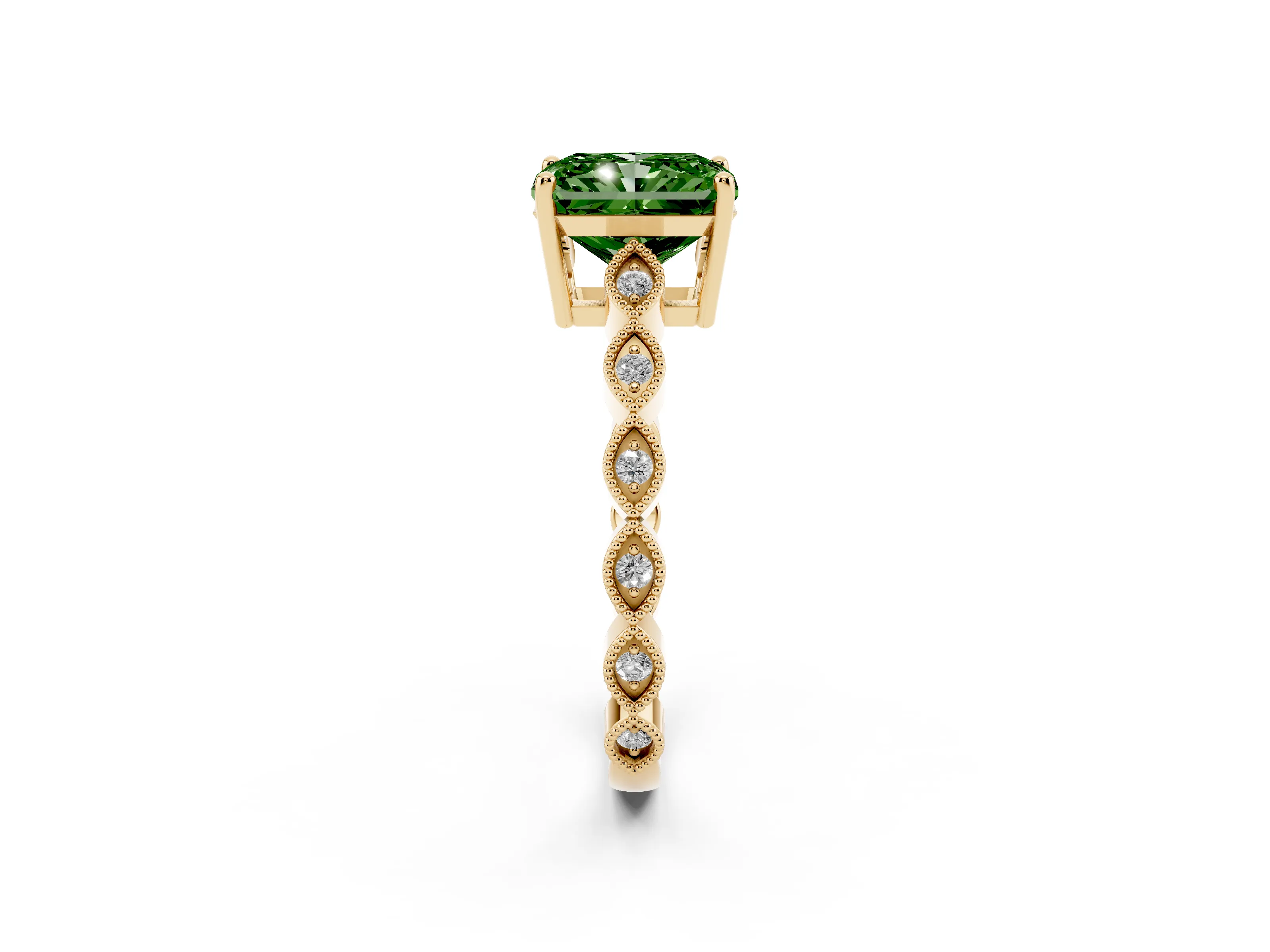 Fancy Green Radiant Cut Diamond Solitaire Ring Set in Yellow gold with Infinity Twist Pavé Band