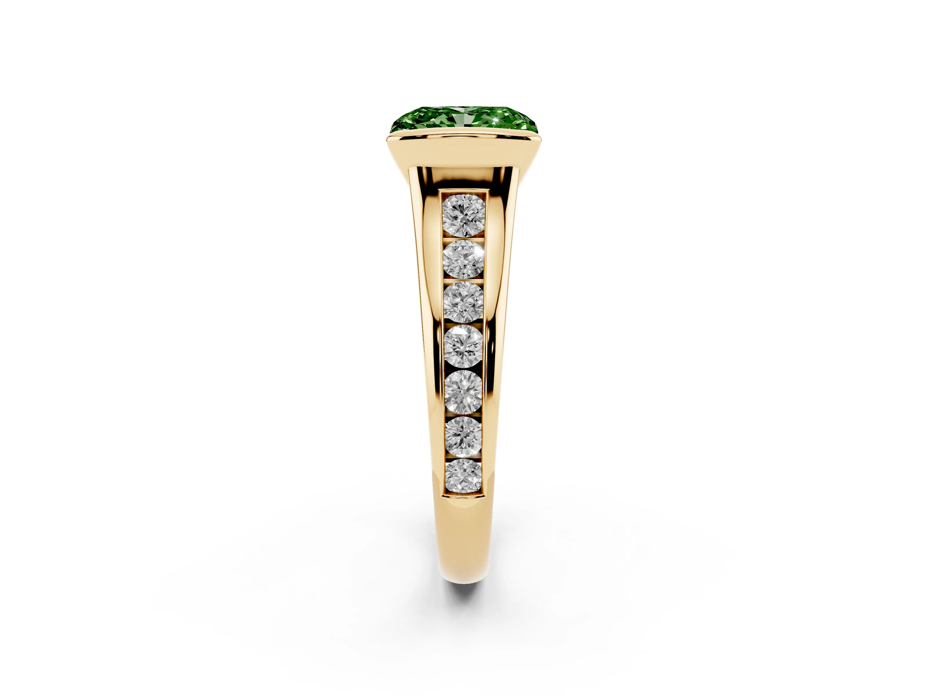Fancy Green Radiant Cut Diamond Bezel-Set Solitaire Ring Set in Yellow gold with Channel-Set Band
