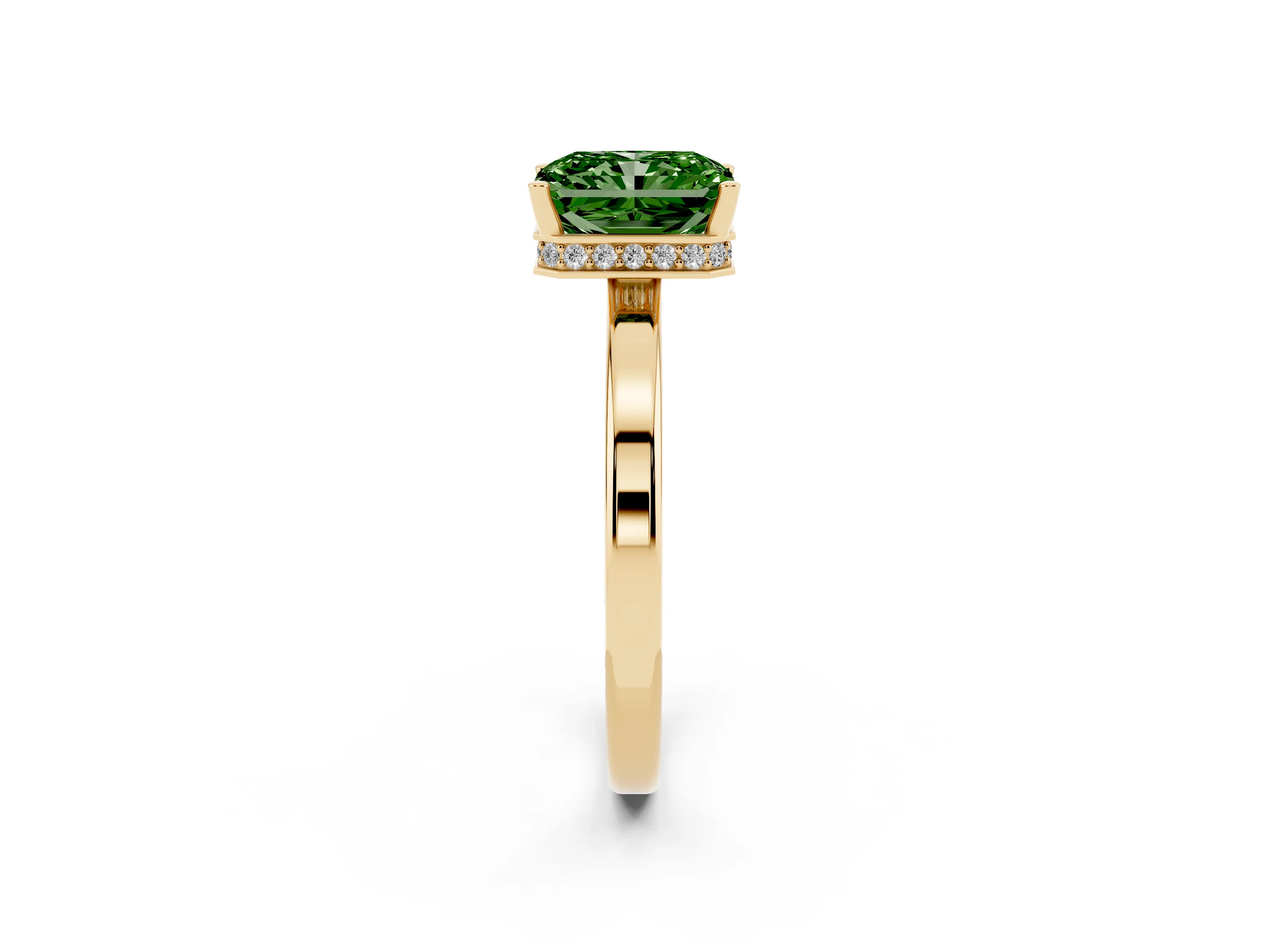 Fancy Green Radiant Cut Diamond Solitaire Engagement Ring Set in Yellow gold with Prong Setting on a Plain Band