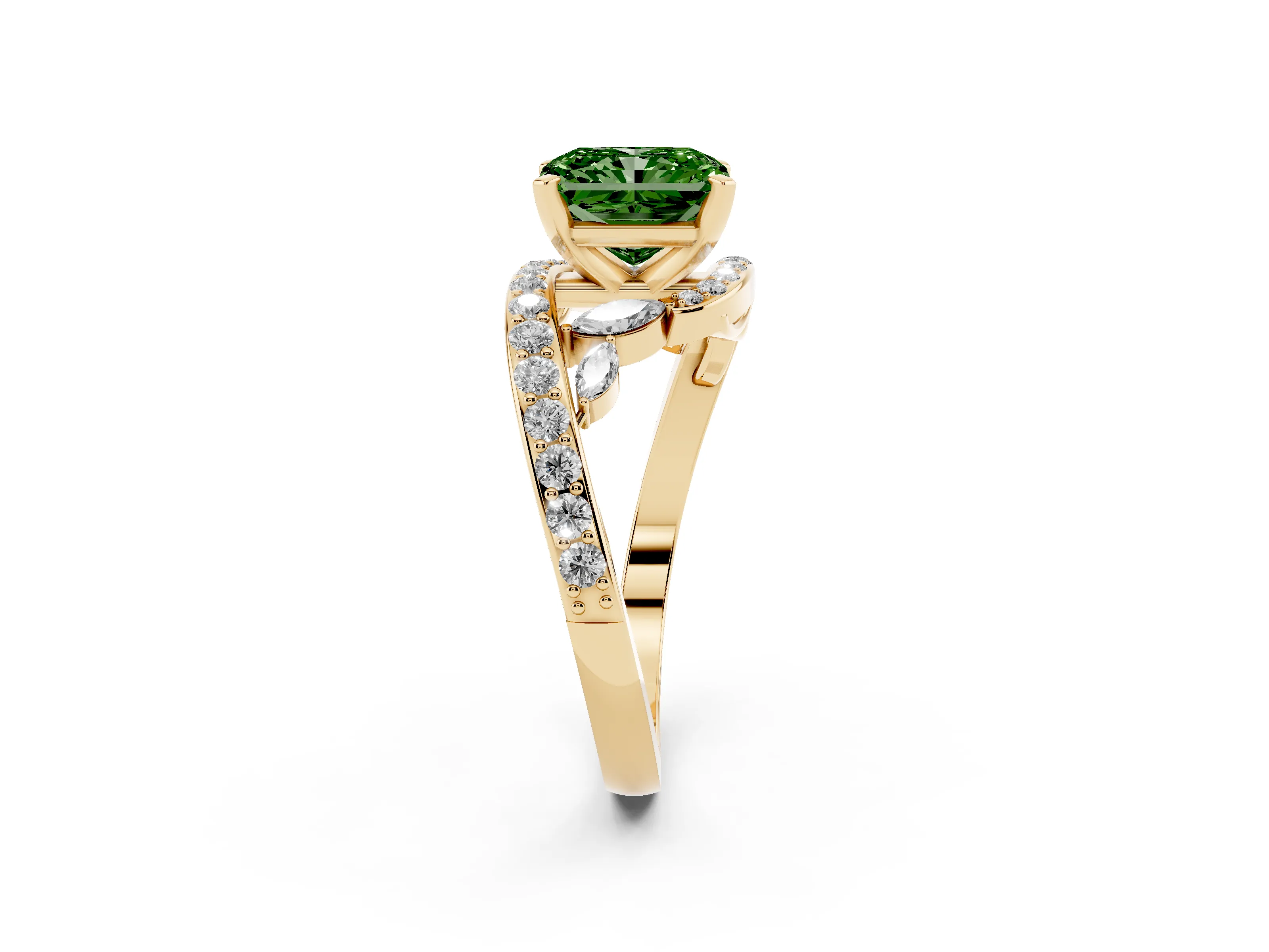 Fancy Green Radiant Cut Diamond Solitaire Ring Set in Yellow gold with Pavé Twist Band and Secure Prong Setting