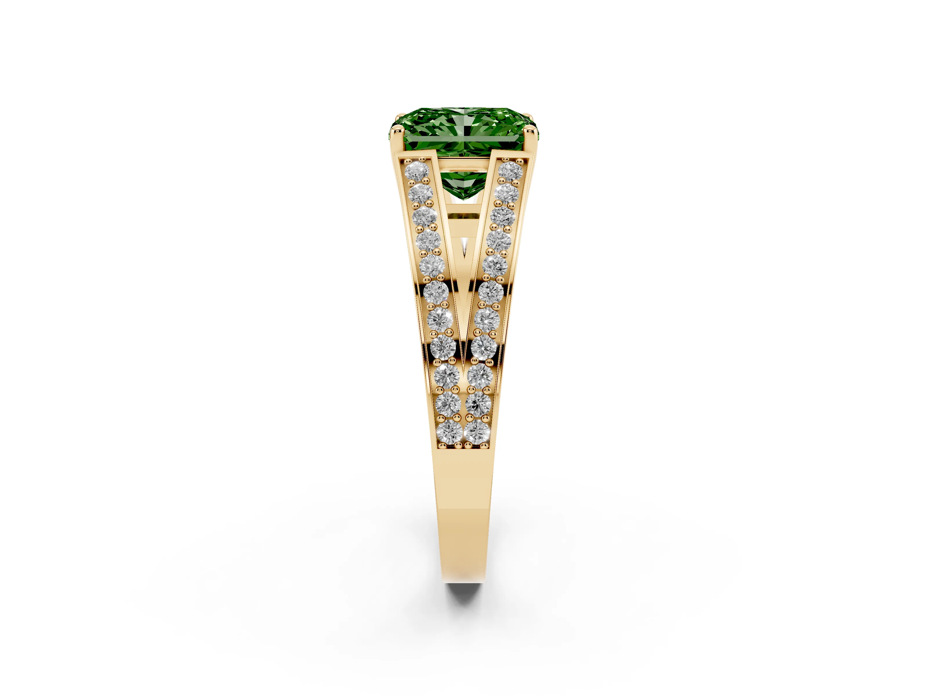 Fancy Green Radiant Cut Diamond Split Shank Ring Set in Yellow gold with Pavé Band and Prong Setting