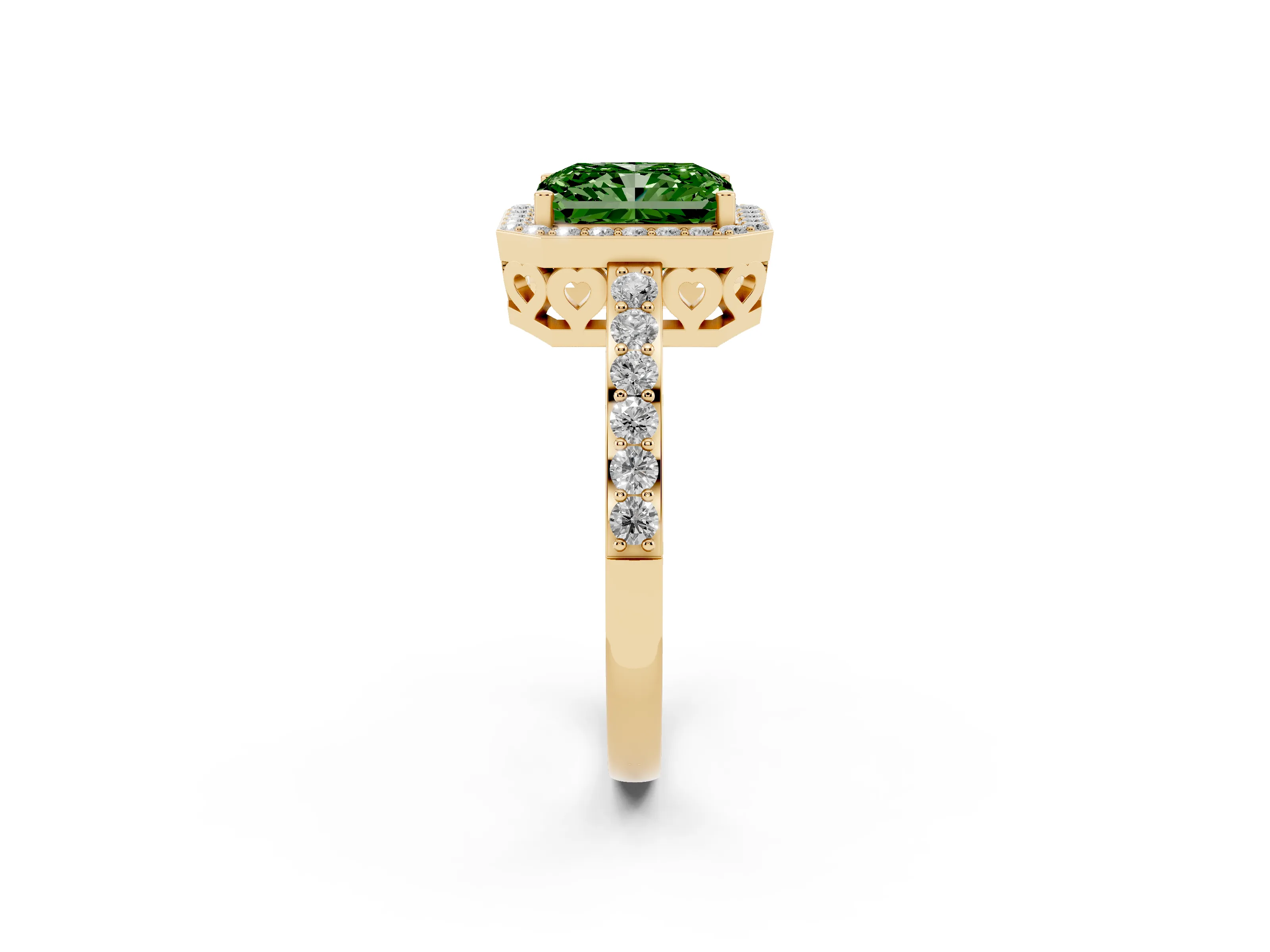 Fancy Green Radiant Cut Diamond Halo Ring Set in Yellow gold with Pavé-Setting Band and Open Prong Center