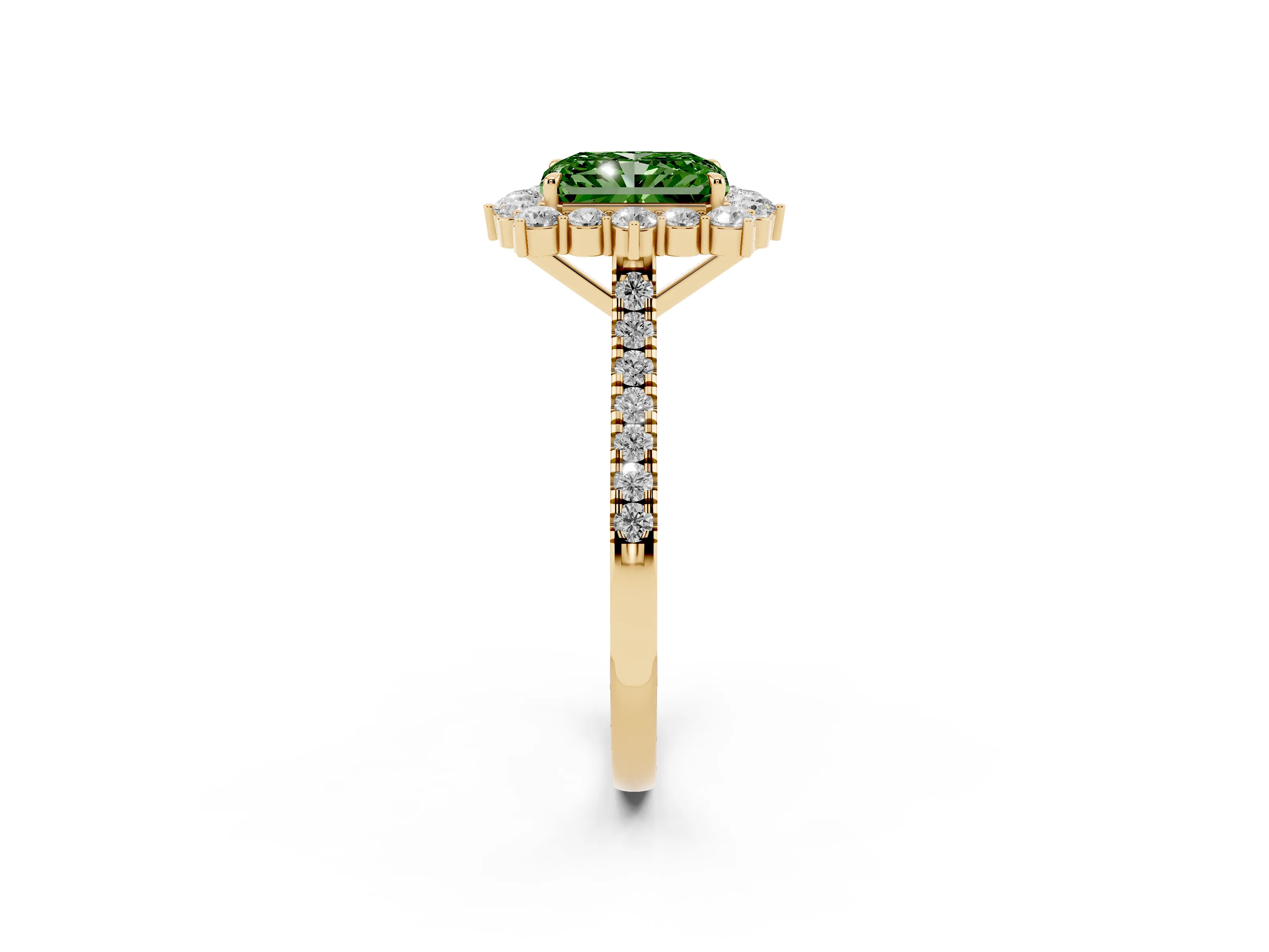 Fancy Green Radiant Cut Diamond Halo Ring Set in Yellow gold with Pavé Band and Prong Setting