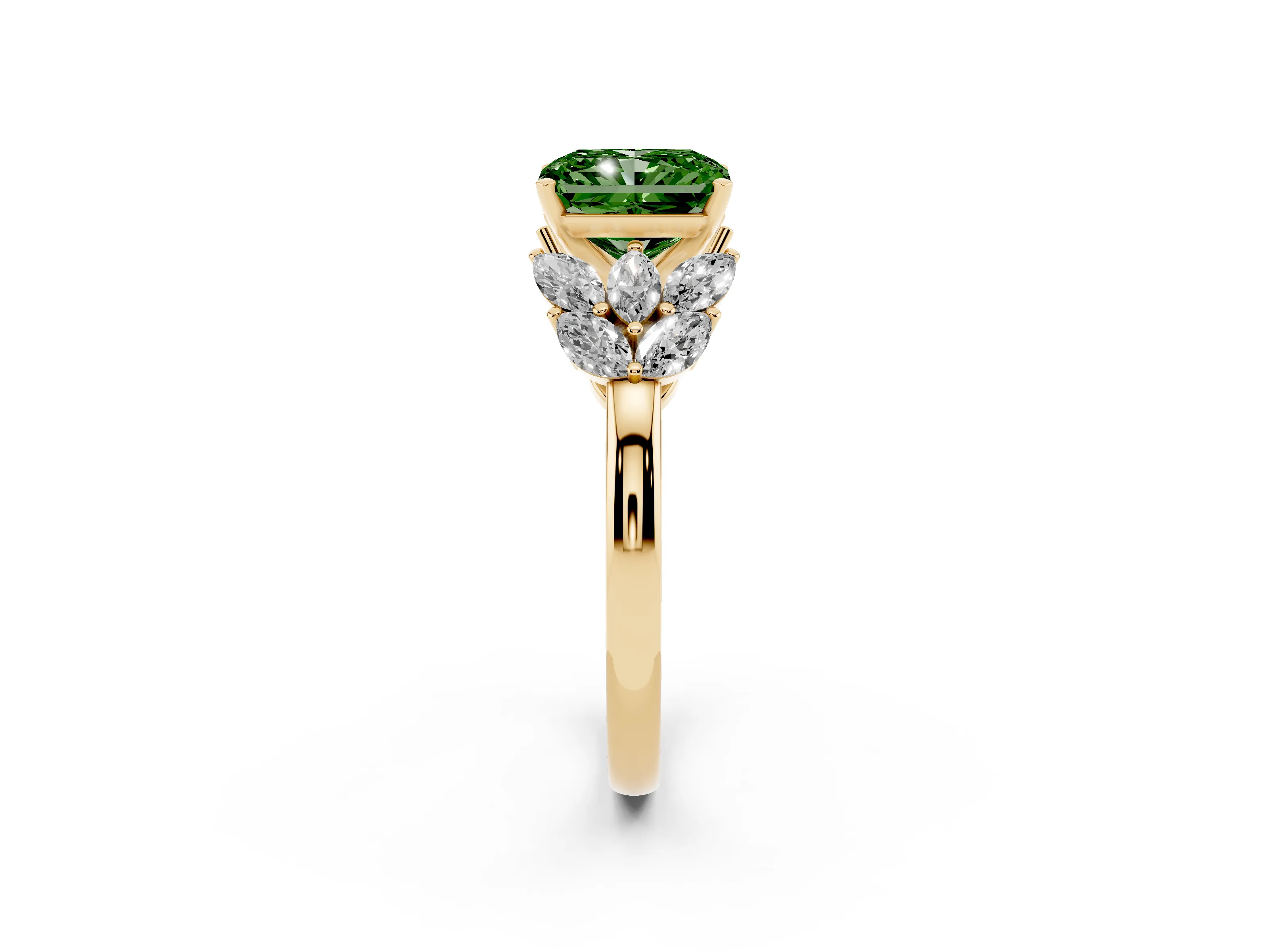 Fancy Green Radiant Cut Diamond Cluster Leaf Design Ring Set in Yellow gold with Prong Setting