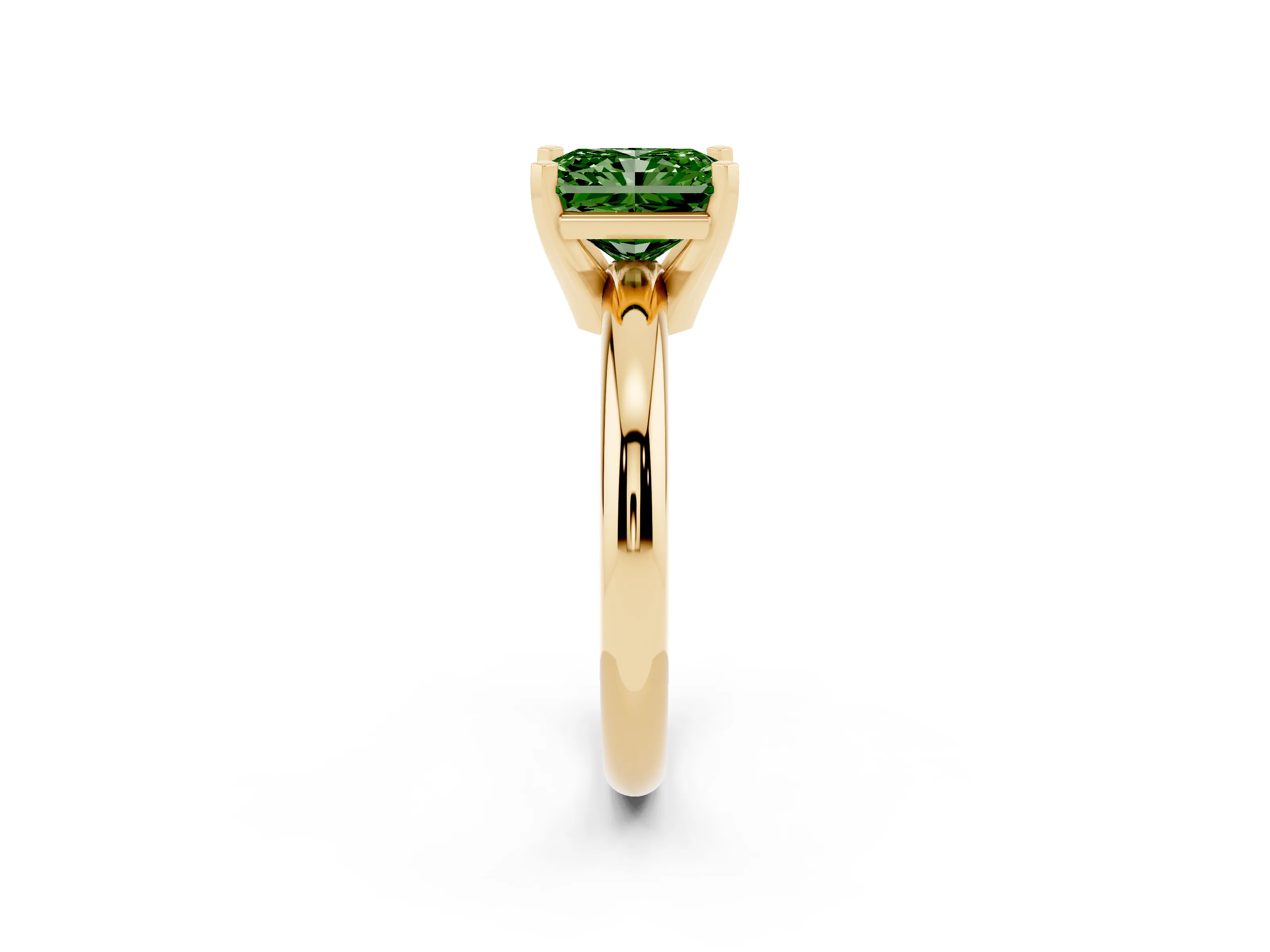 Fancy Green Radiant Cut Diamond Solitaire Engagement Ring Set in Yellow gold with Round Band and Prong Setting