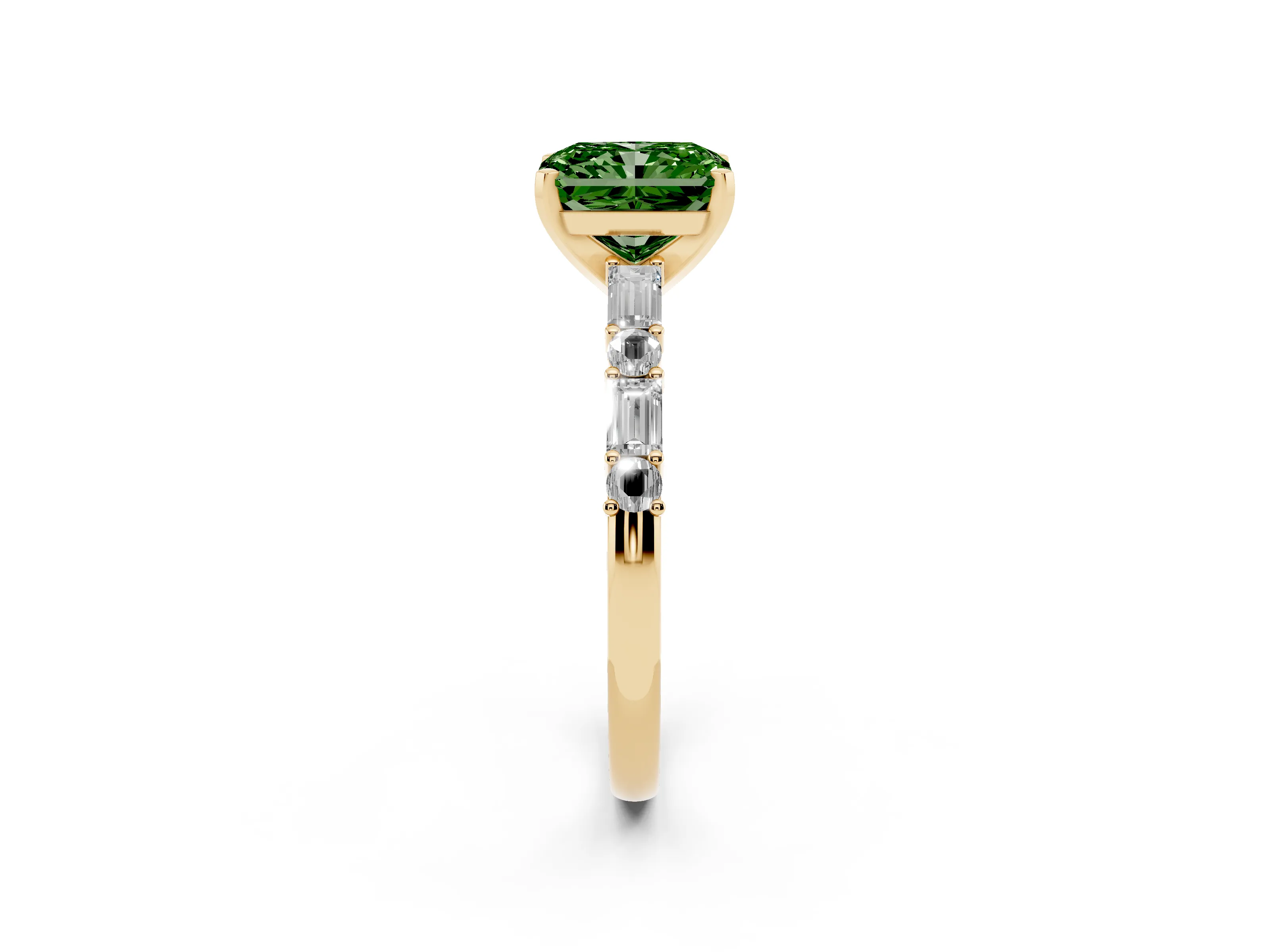 Fancy Green Radiant Cut Diamond Solitaire Set in Yellow gold with Side Baguettes and Channel Set Band