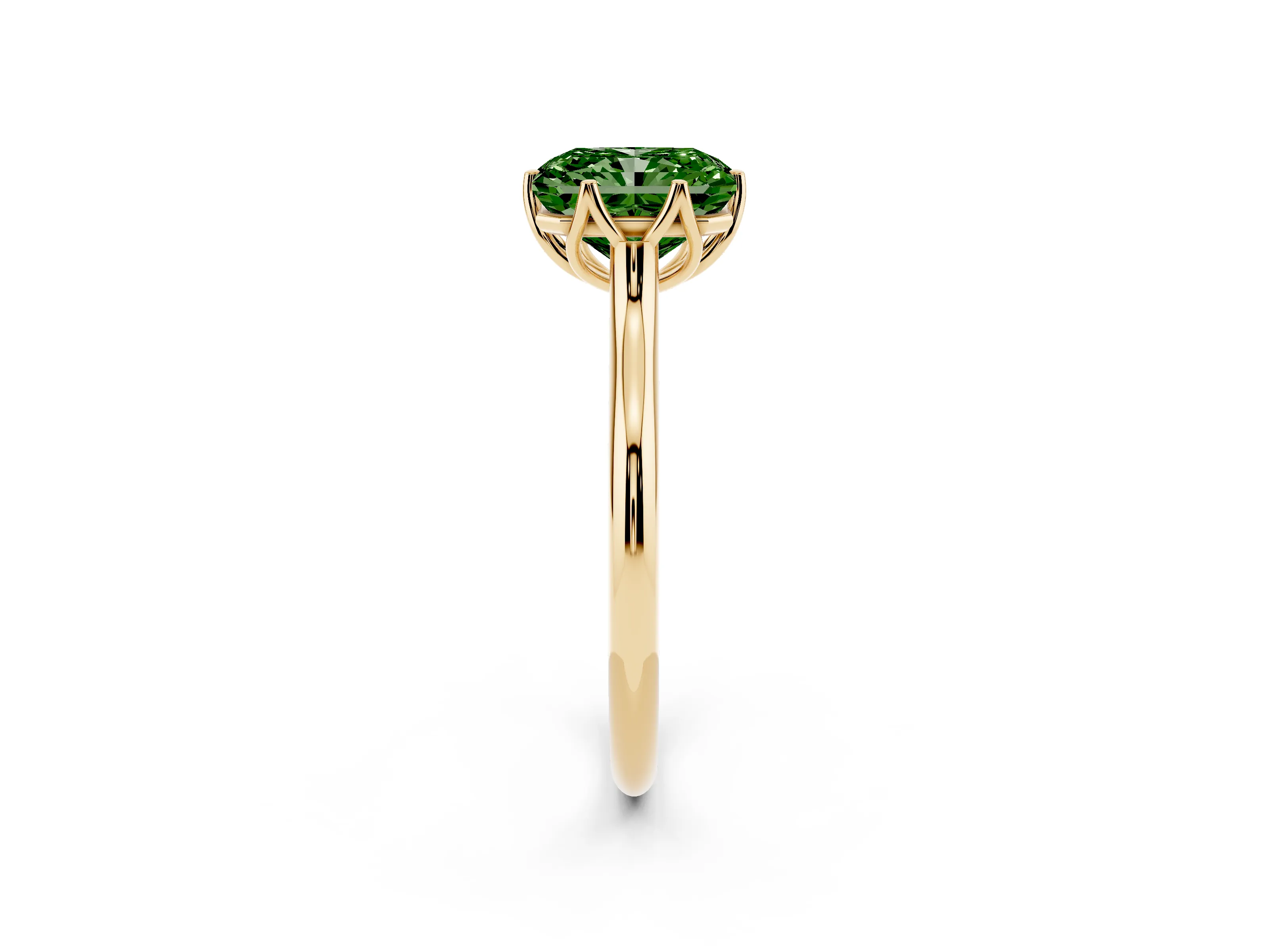Fancy Green Radiant Cut Diamond Solitaire Cathedral Ring Set in Yellow gold with Prong Setting