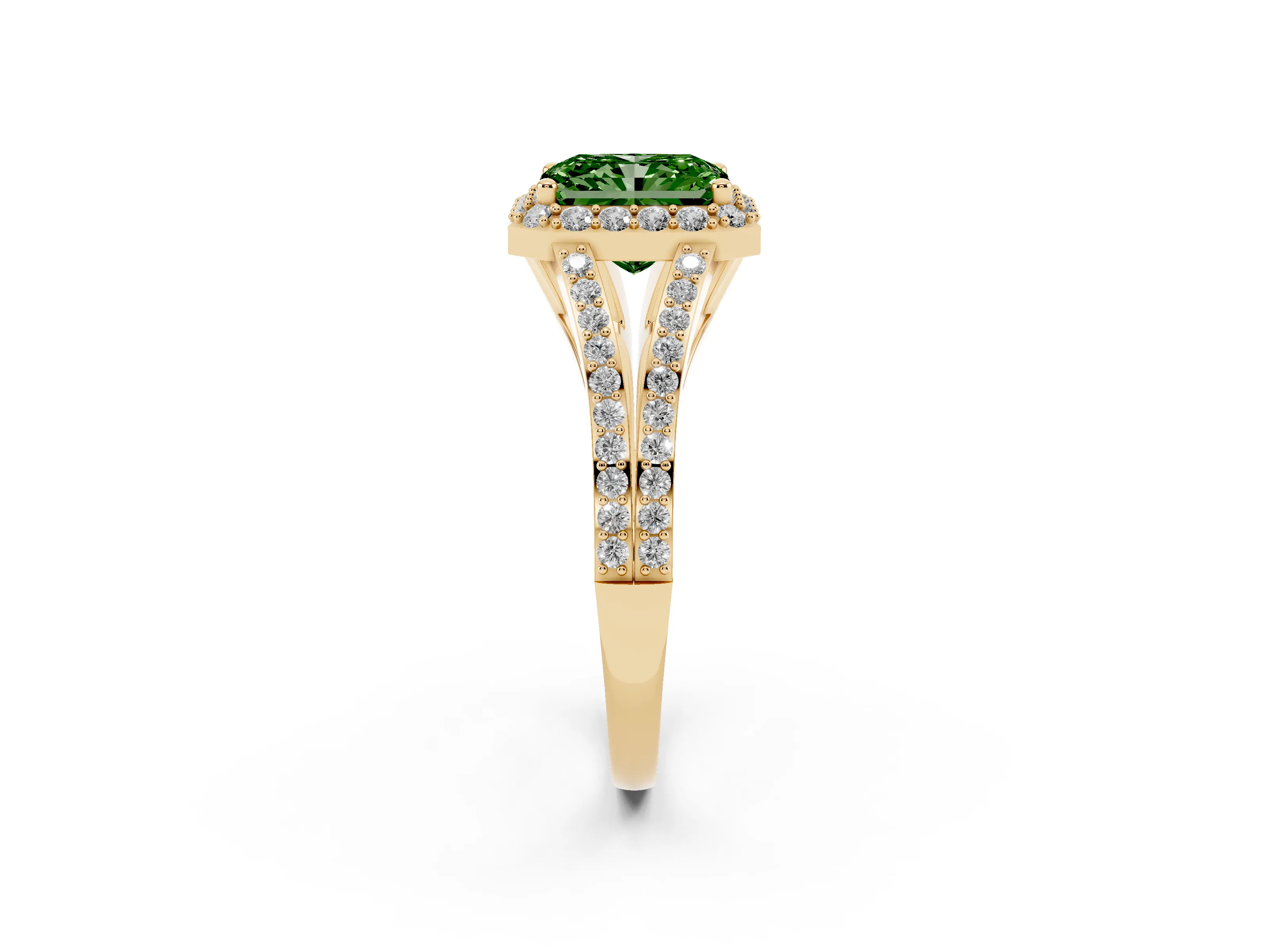 Fancy Green Radiant Cut Diamond Halo Split Shank Pavé Ring Set in Yellow gold with Prong Setting
