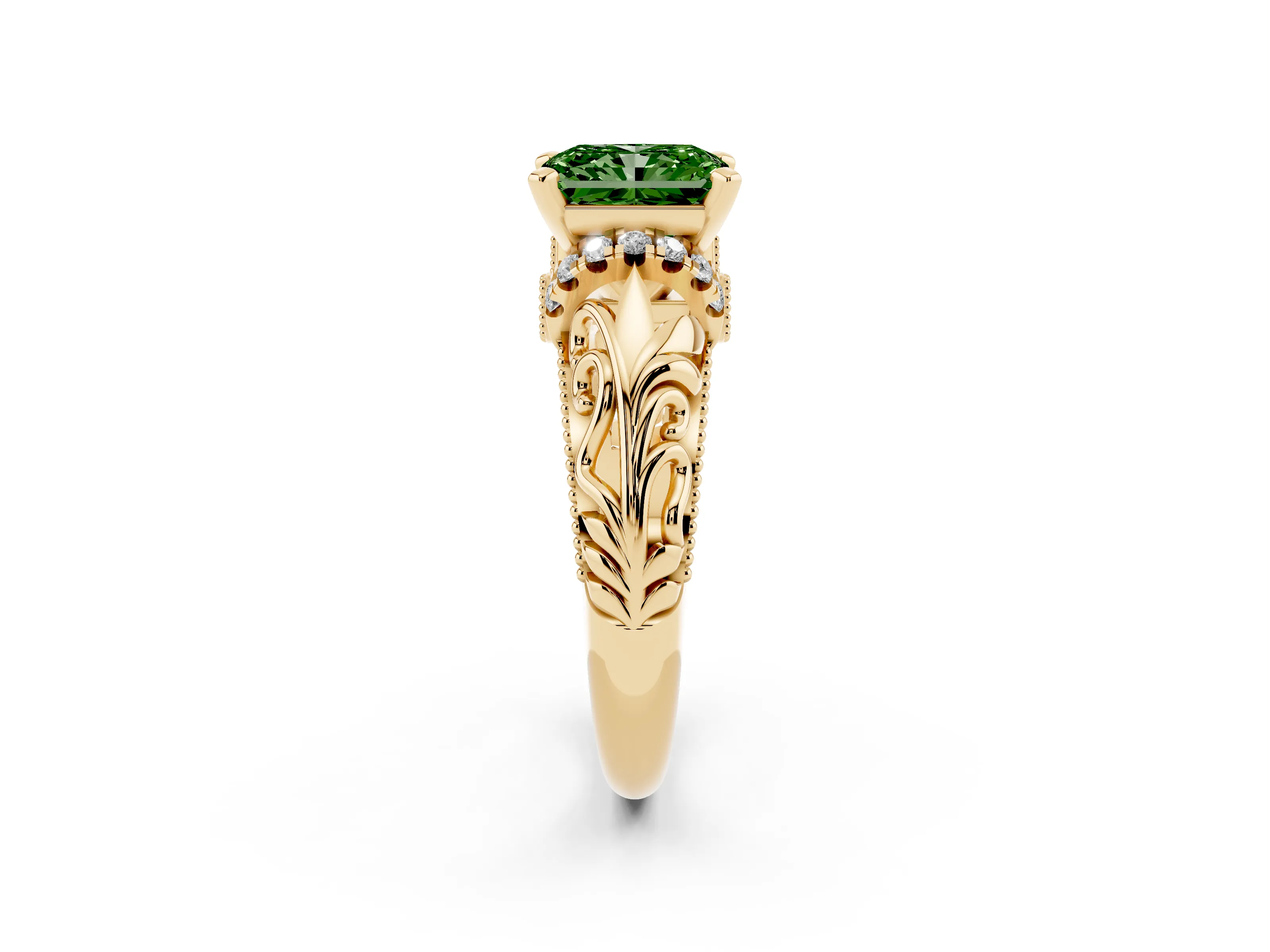 Fancy Green Radiant Cut Diamond Filigree Halo Engagement Ring Set in Yellow gold with Prong Setting