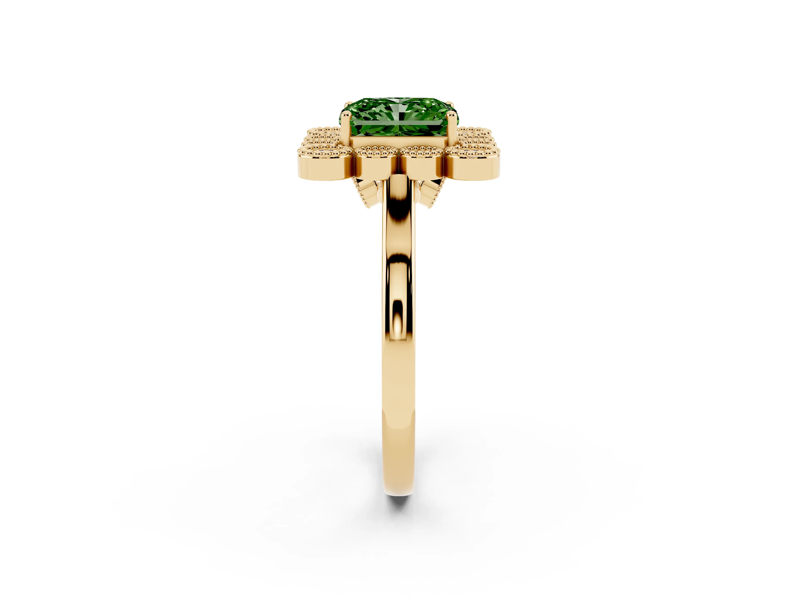 Fancy Green Radiant Cut Diamond Cluster Halo Ring Set in Yellow gold with Milgrain Bezel Accents and Plain Band