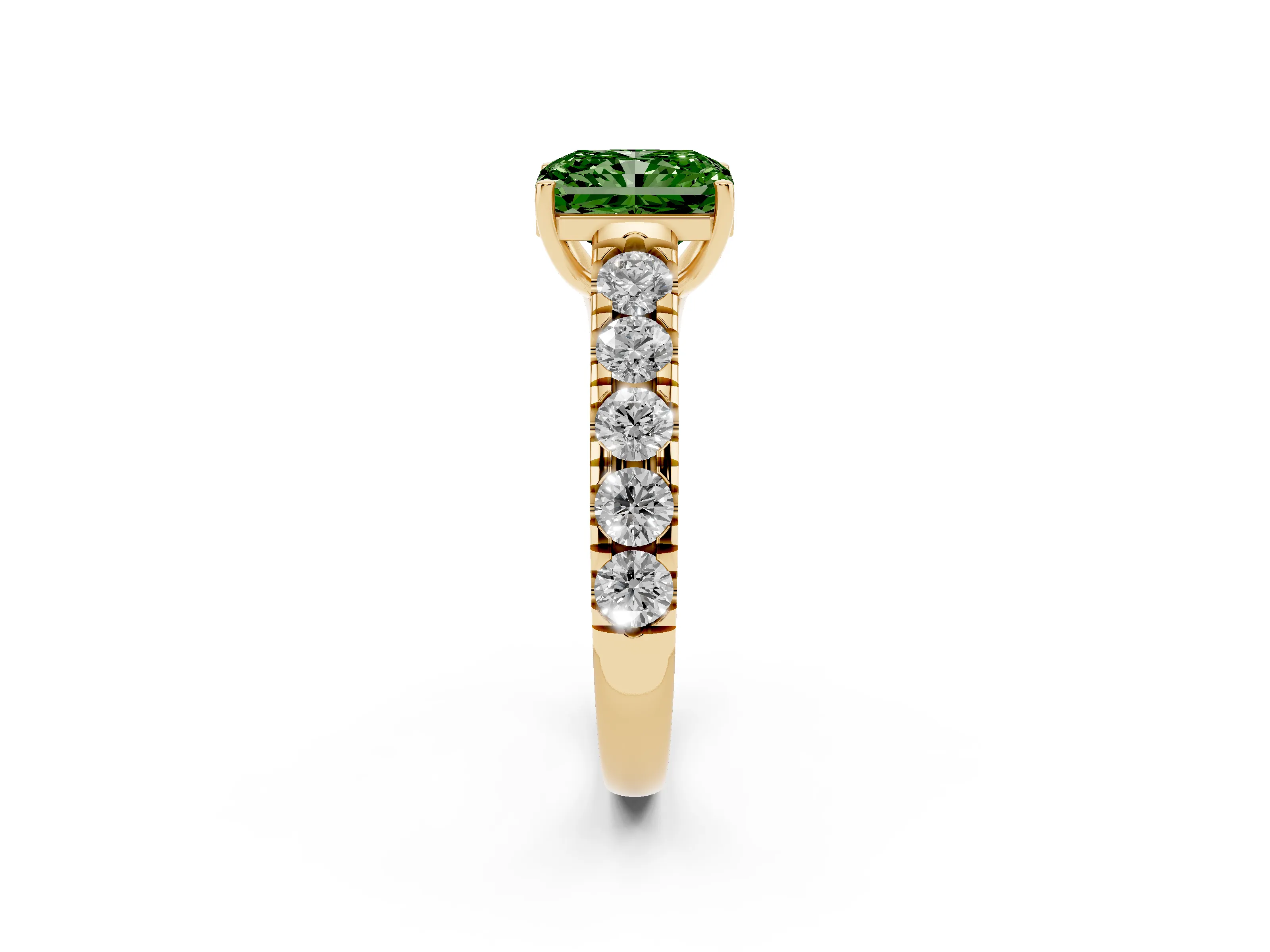 Fancy Green Radiant Cut Diamond Solitaire Ring Set in Yellow gold with Cut-Down Micro Pavé Band and Prong Setting