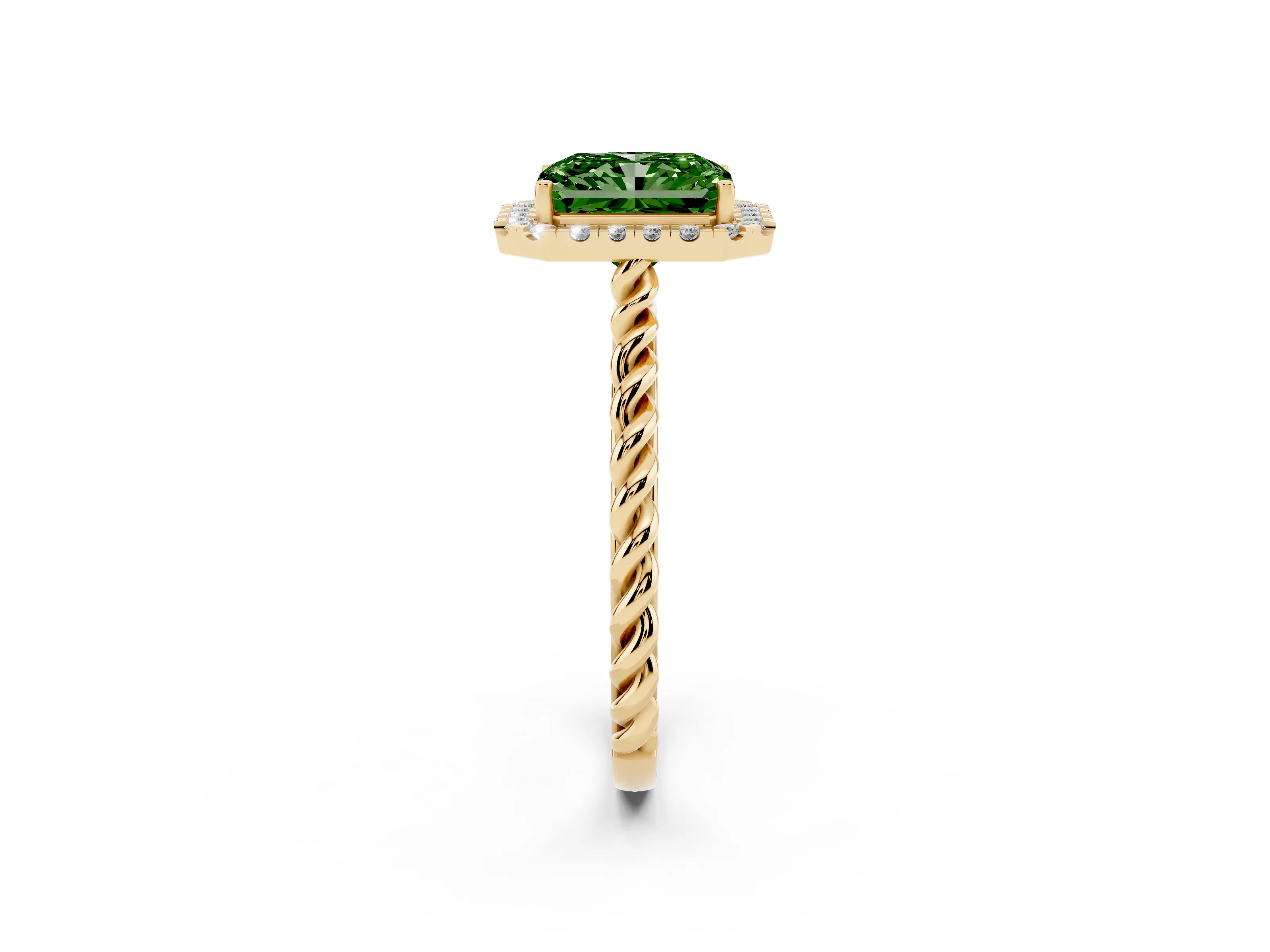 Fancy Green Radiant Cut Diamond Halo Ring Set in Yellow gold with Plain Twisted Band