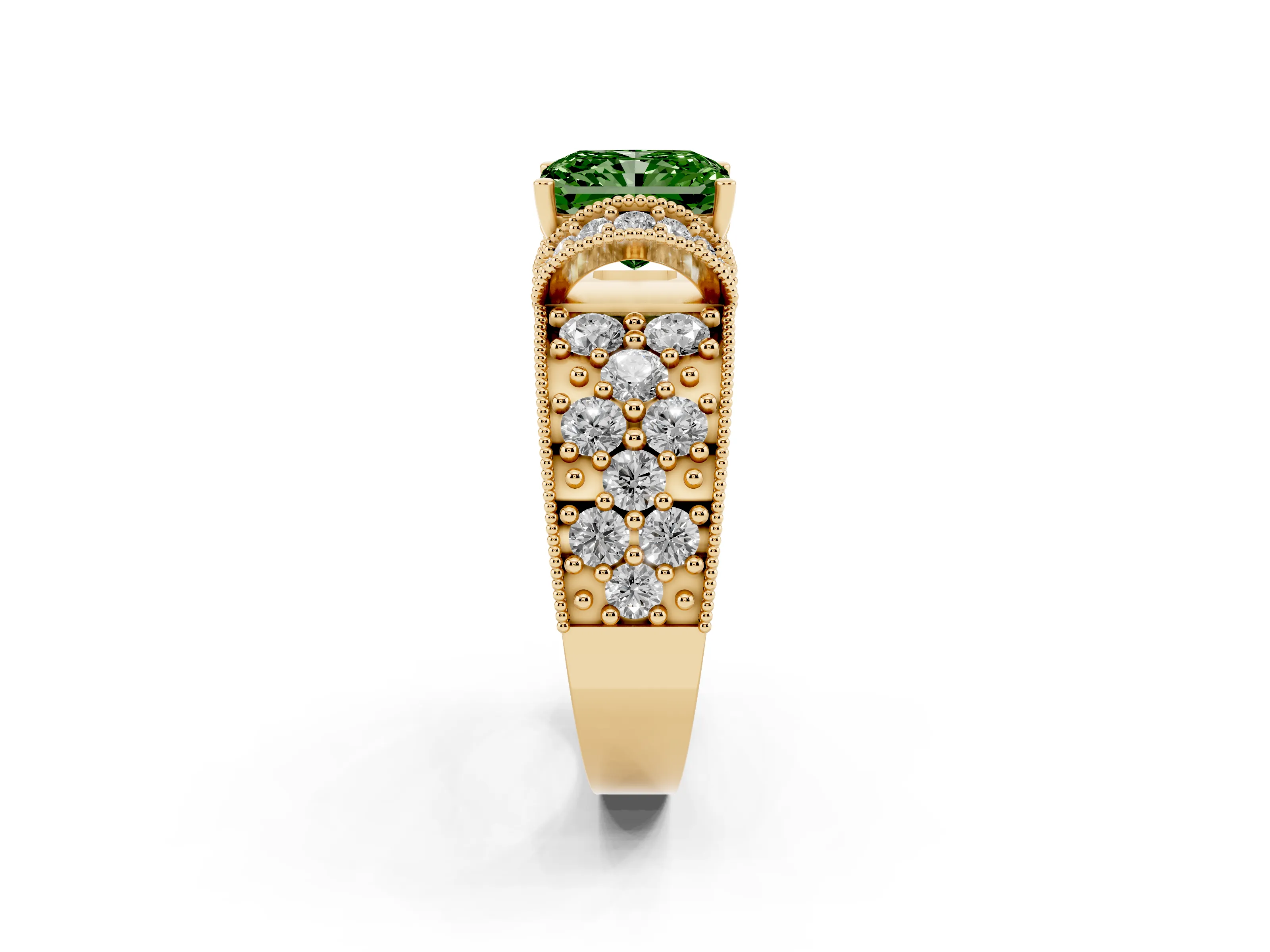 Fancy Green Radiant Cut Diamond Milgrain Halo Pavé Engagement Ring Set in Yellow gold with Prong Setting