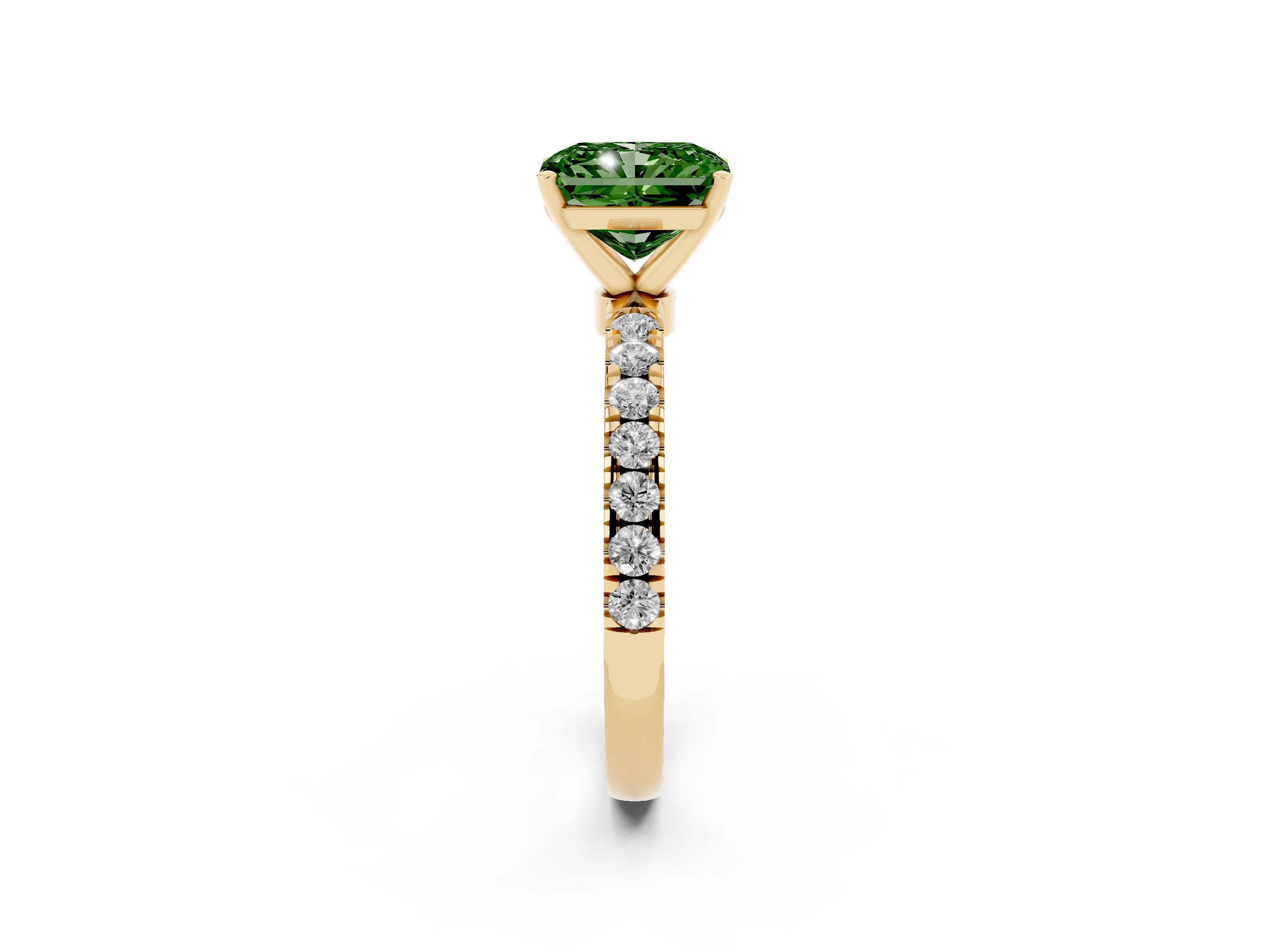 Fancy Green Radiant Cut Diamond Solitaire Ring Set in Yellow gold with Pavé Accents and Prong Setting