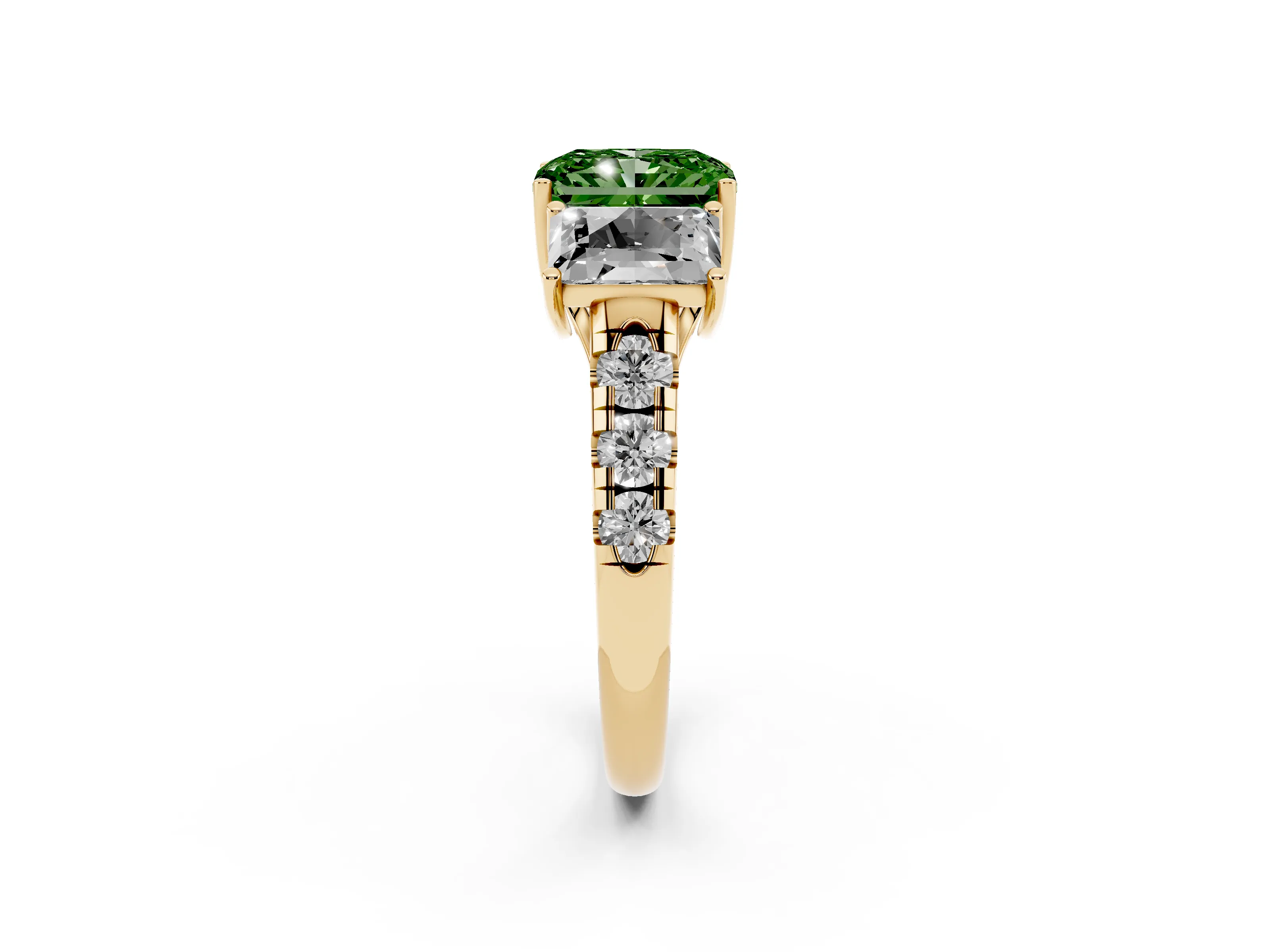 Fancy Green Radiant Cut Diamond Three-Stone Ring Set in Yellow gold with Pavé Band