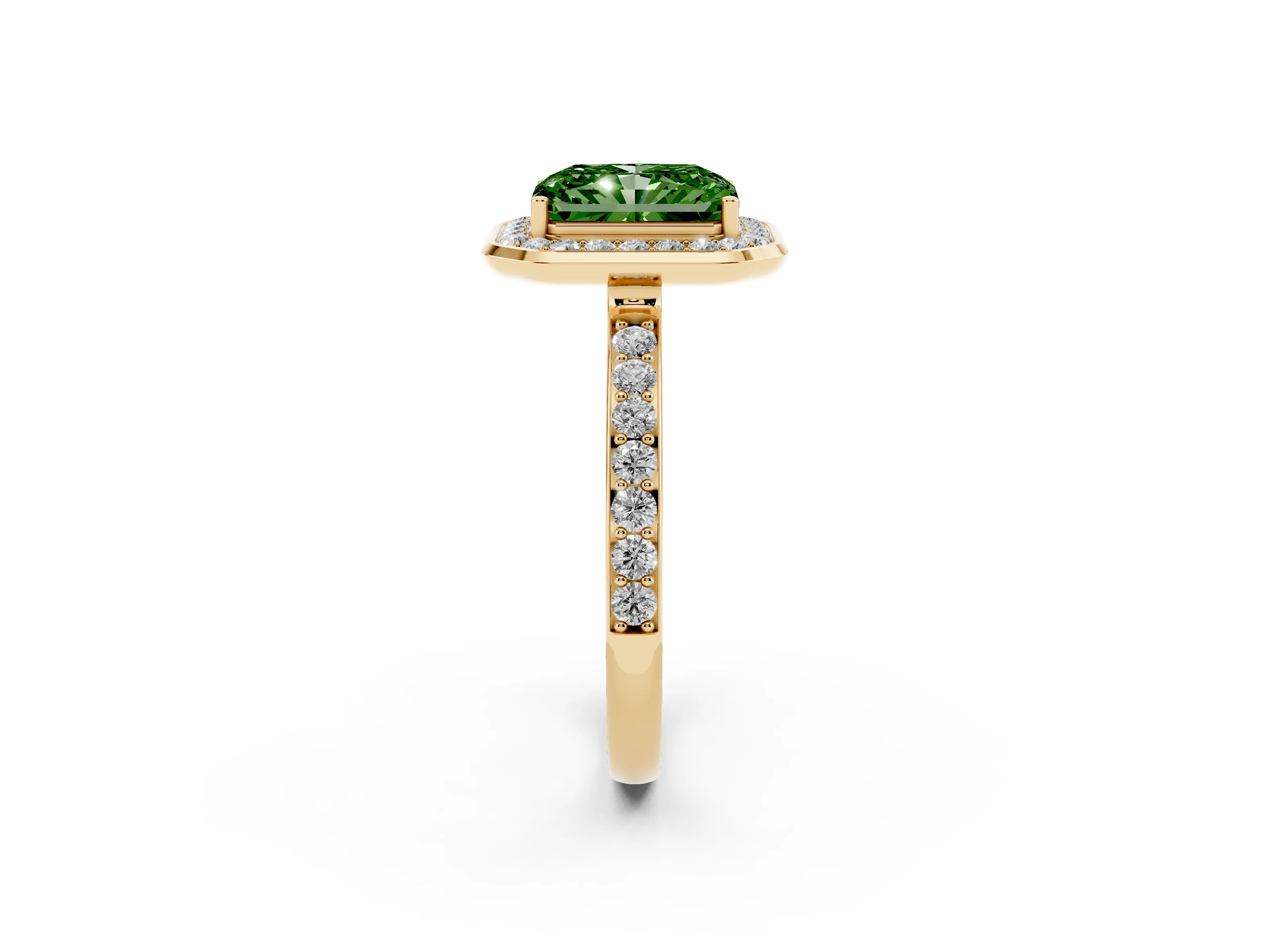Fancy Green Radiant Cut Diamond Halo Ring Set in Yellow gold with Bezel Frame and Pavé Band