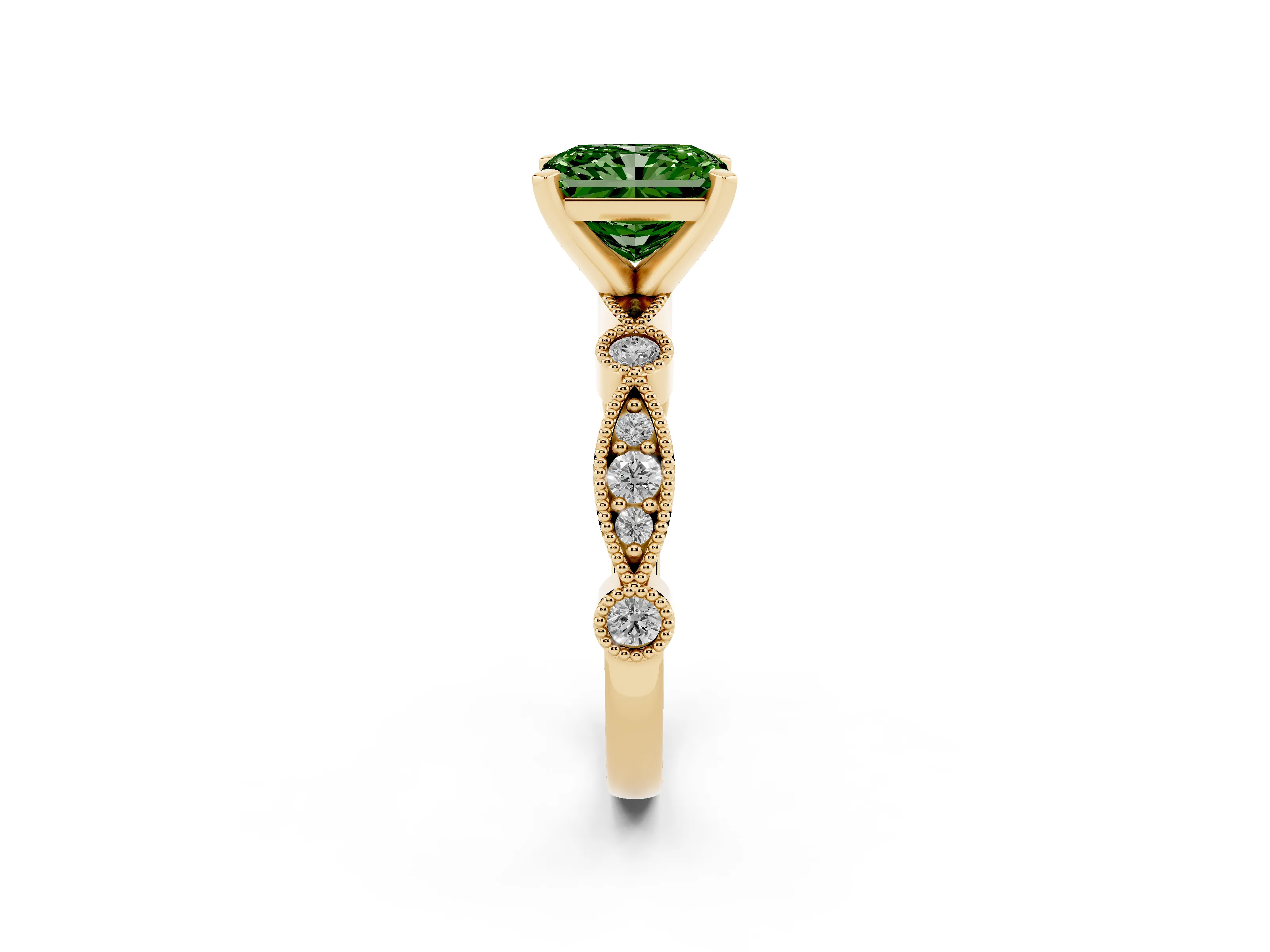 Fancy Green Radiant Cut Diamond Solitaire Engagement Ring Set in Yellow gold with Milgrain Bezel Accent Band