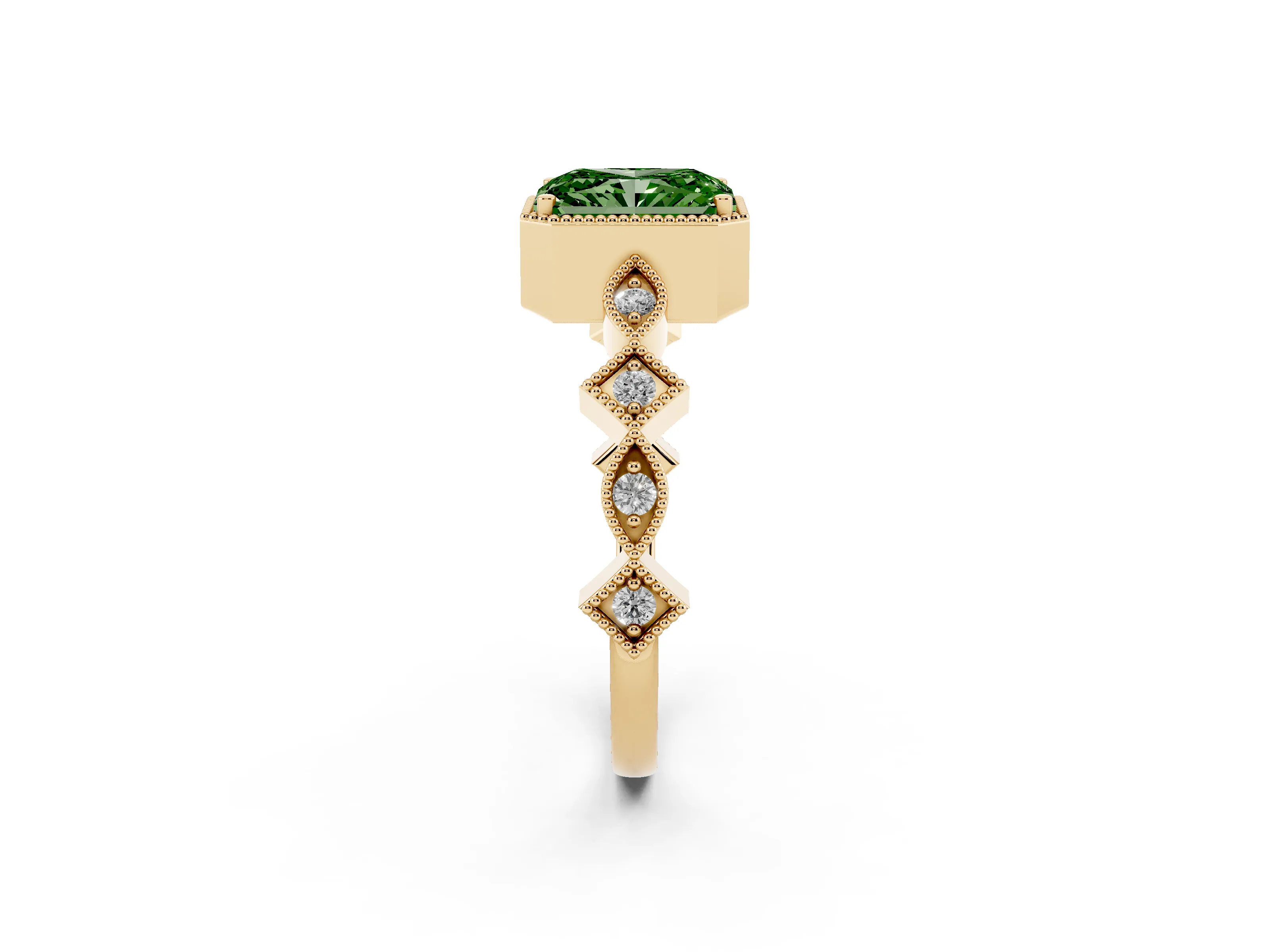 Fancy Green Radiant Cut Diamond Milgrain Marquise Twist Band Ring Set in Yellow gold with Prong Setting