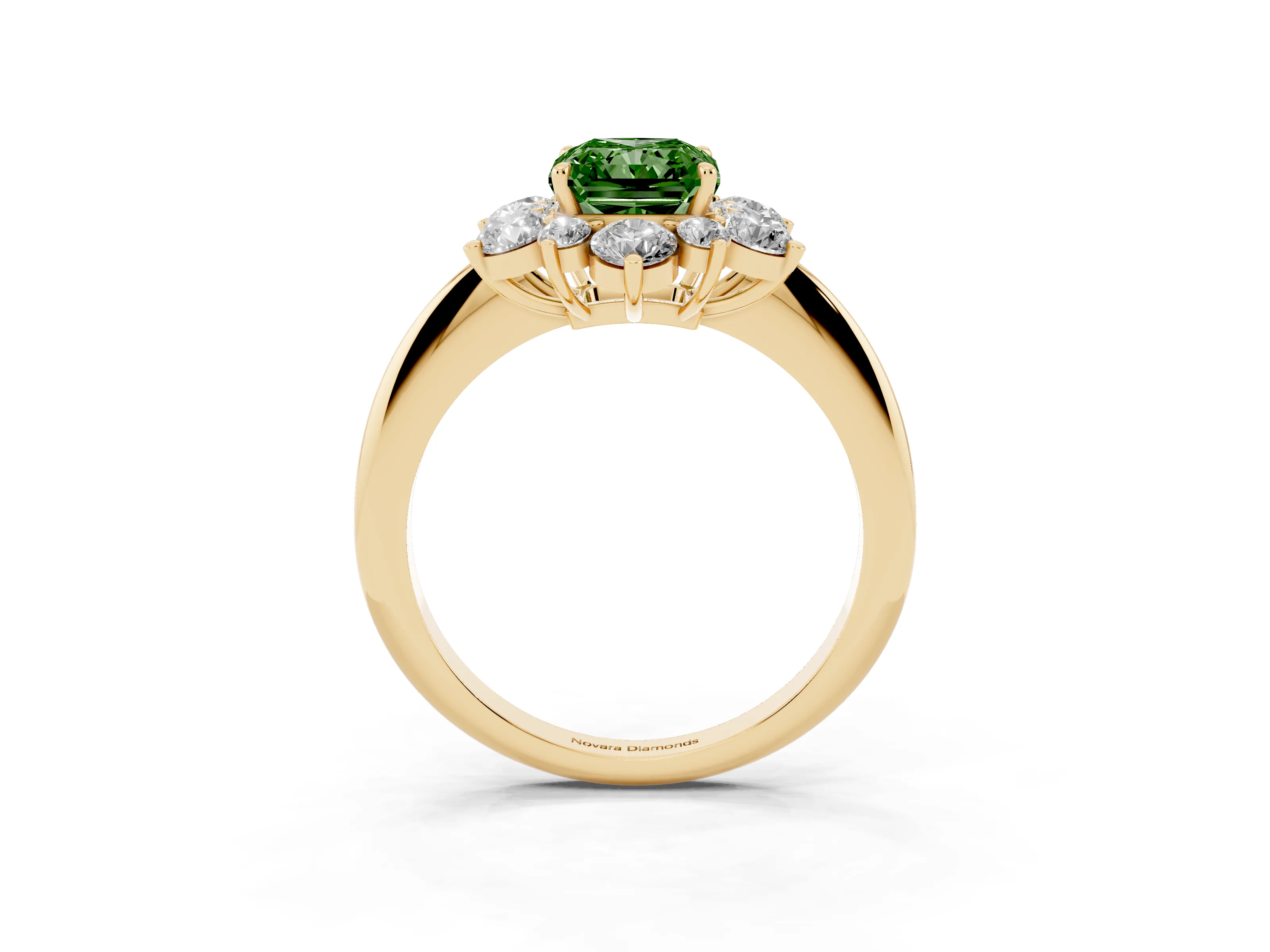 Fancy Green Radiant Cut Diamond Cluster Halo Ring Set in Yellow gold with Solitaire Band and Prong Setting