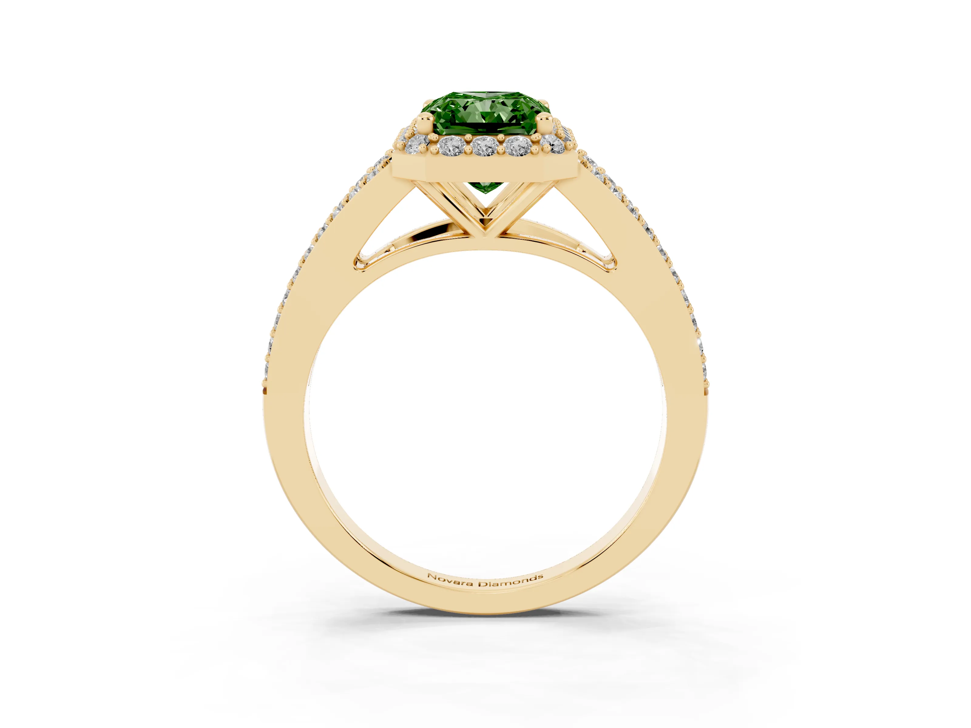 Fancy Green Radiant Cut Diamond Halo Split Shank Pavé Ring Set in Yellow gold with Prong Setting