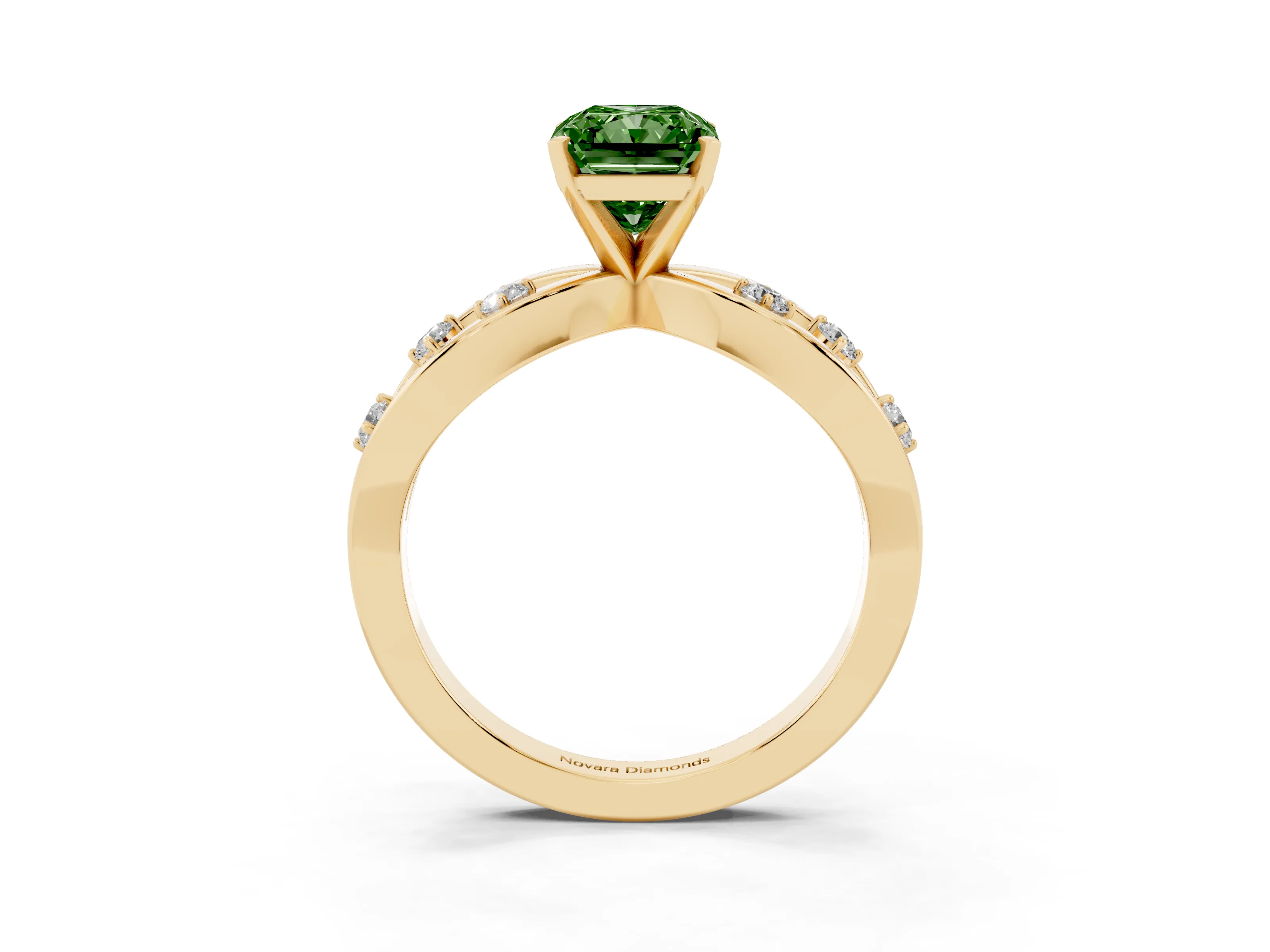 Fancy Green Radiant Cut Diamond Solitaire Ring Set in Yellow gold with Side Stones on Criss-Cross Band and Prong Setting