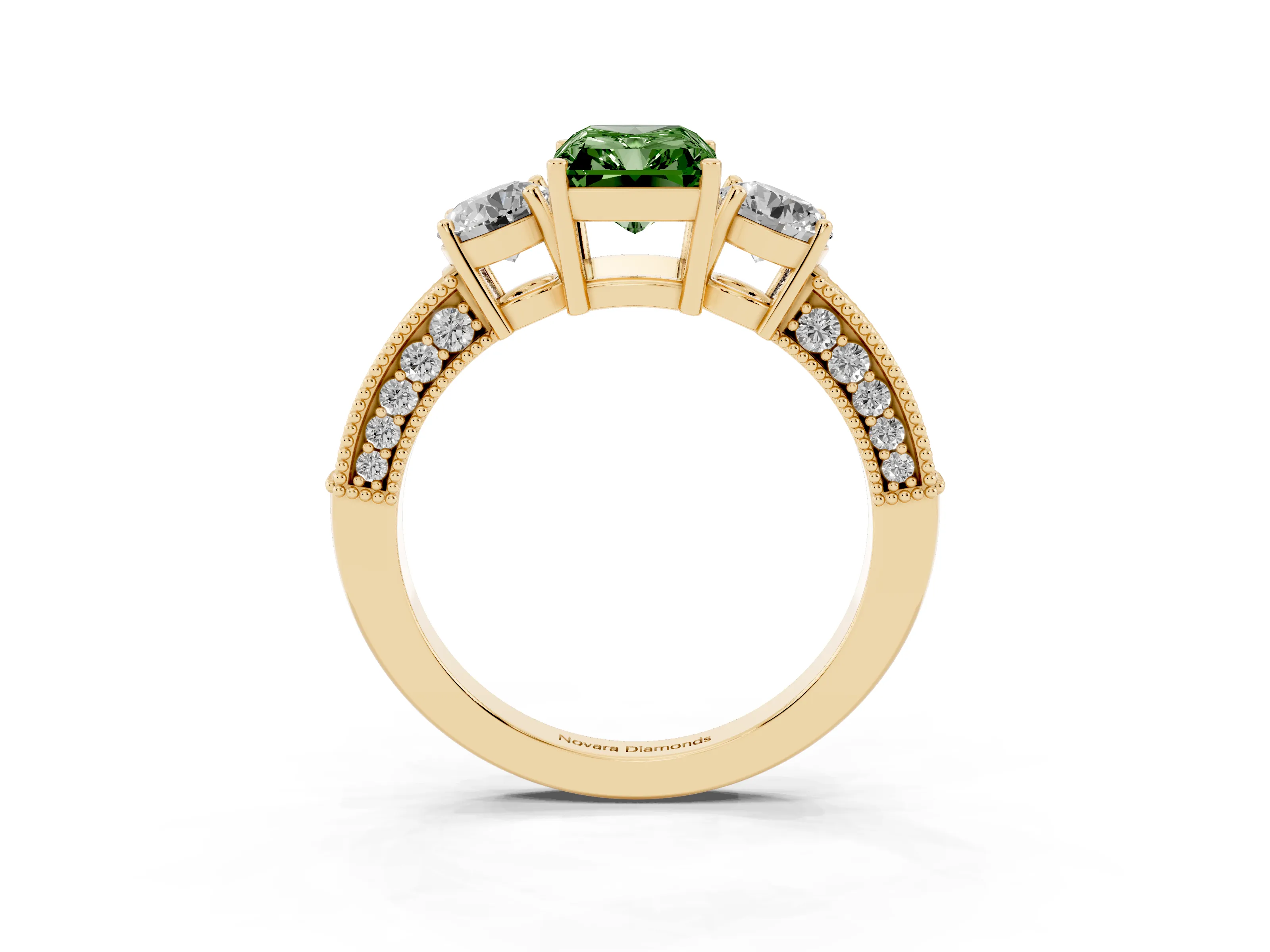 Fancy Green Radiant Cut Diamond Three-Stone Ring Set in Yellow gold with Round Side Stones and Pavé Band
