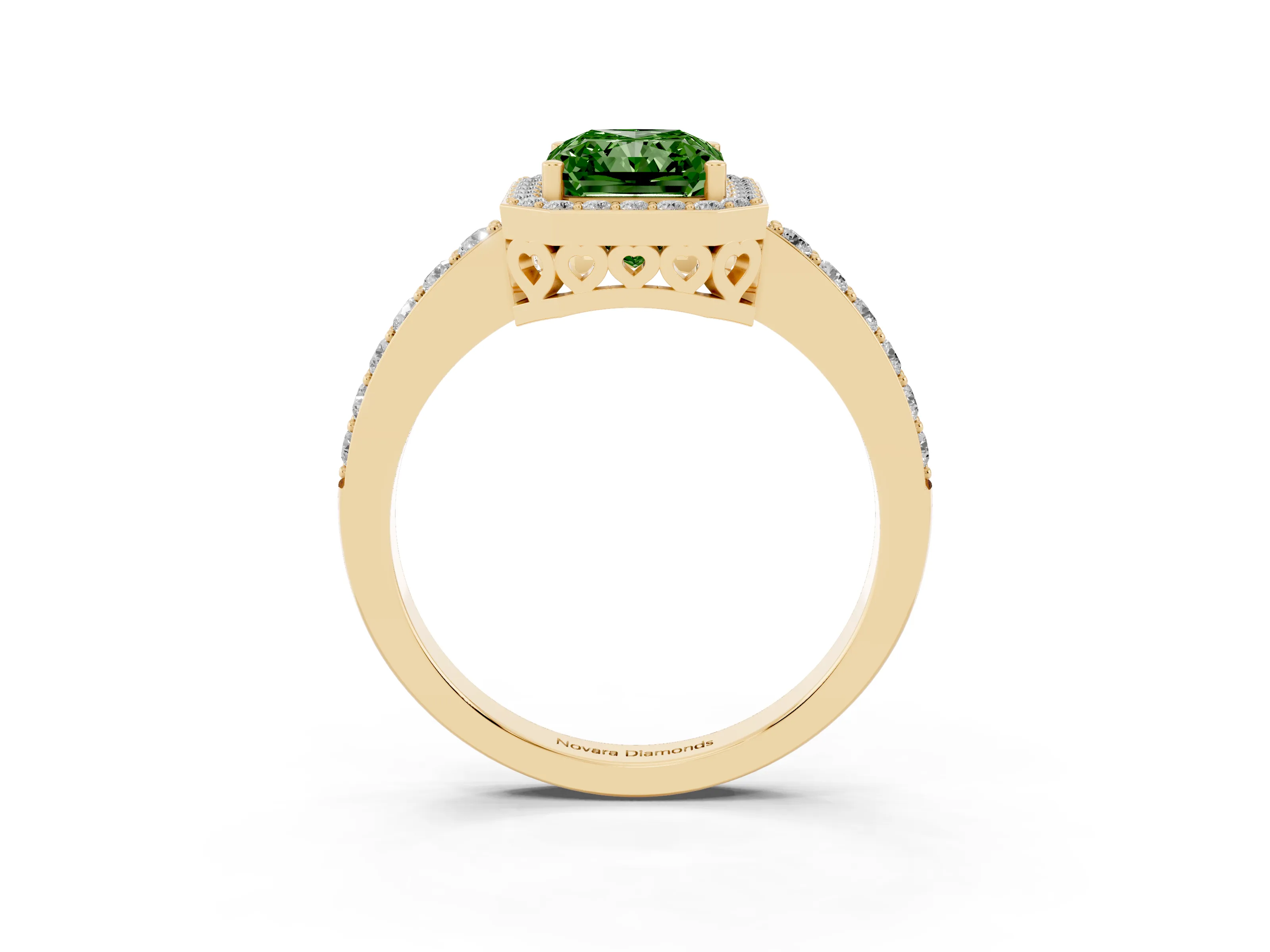 Fancy Green Radiant Cut Diamond Halo Ring Set in Yellow gold with Pavé-Setting Band and Open Prong Center