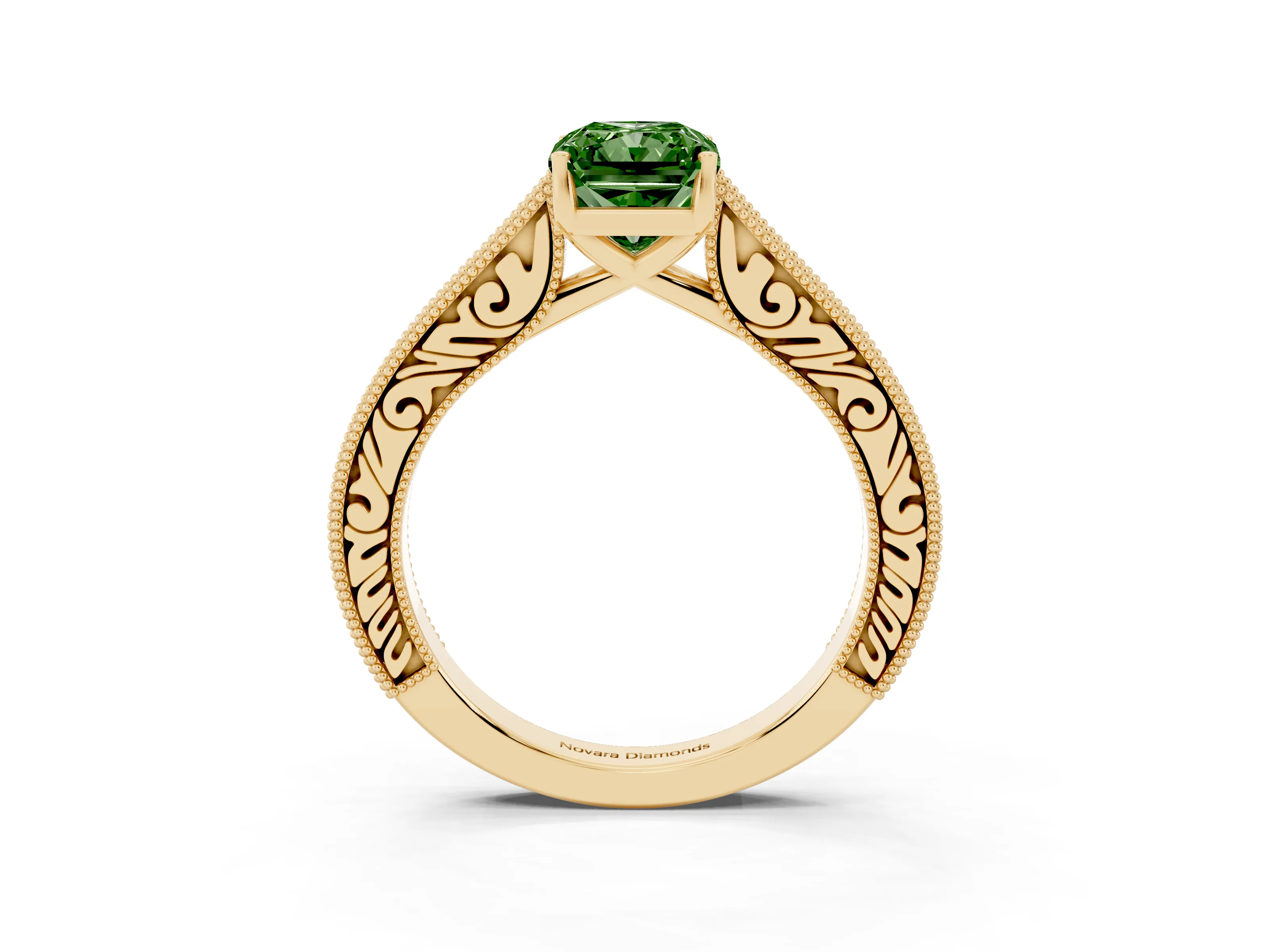 Fancy Green Radiant Cut Diamond Milgrain Pavé Band Solitaire Ring Set in Yellow gold with Prong Setting