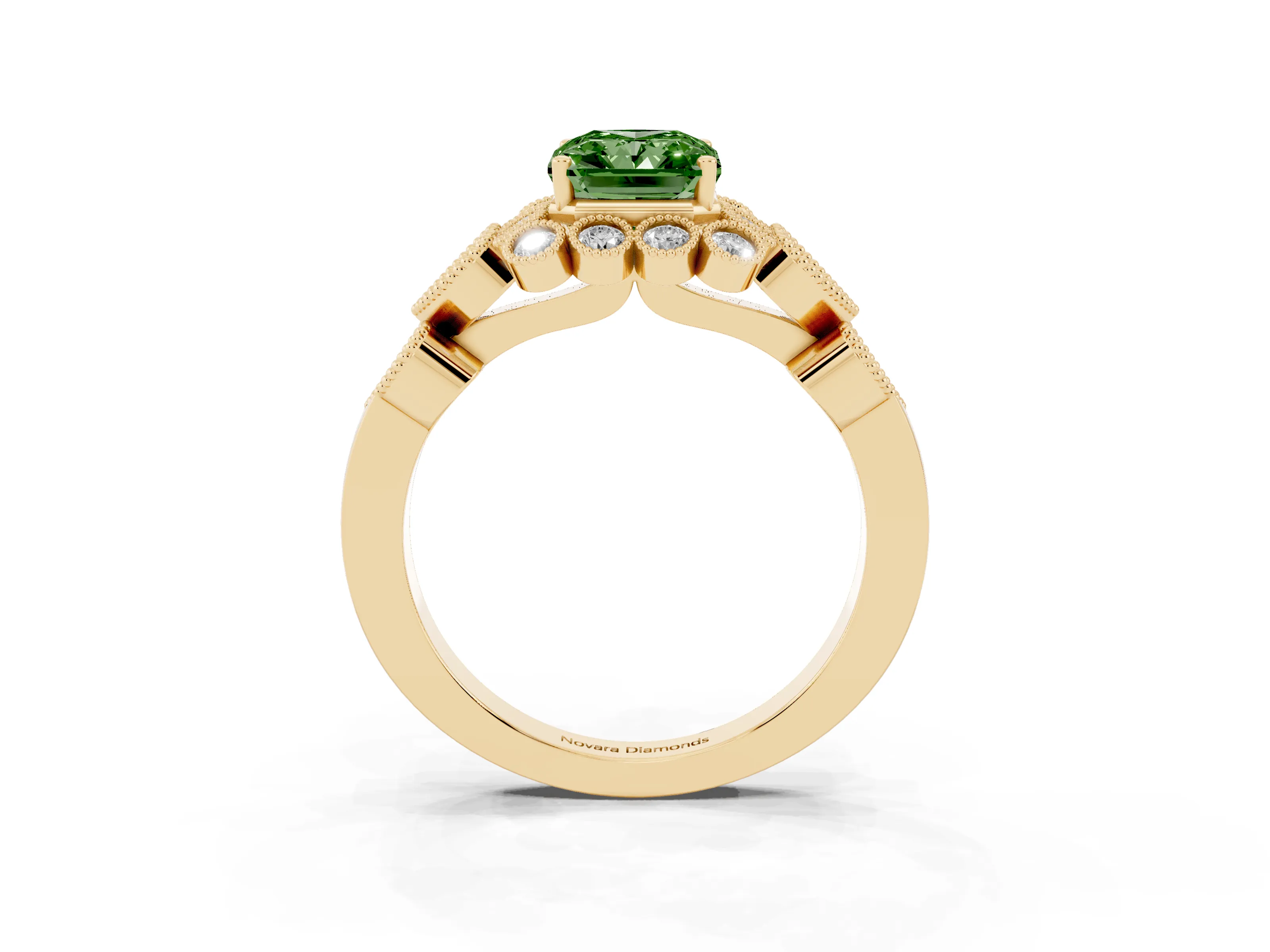 Fancy Green Radiant Cut Diamond Solitaire Ring Set in Yellow gold with Milgrain Pavé Heart Band