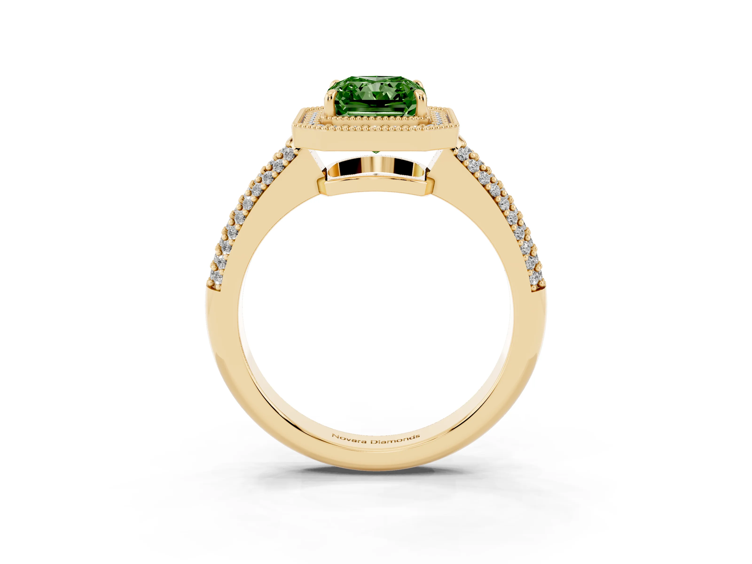 Fancy Green Radiant Cut Diamond Halo Pavé Band Set in Yellow gold with Prong Setting