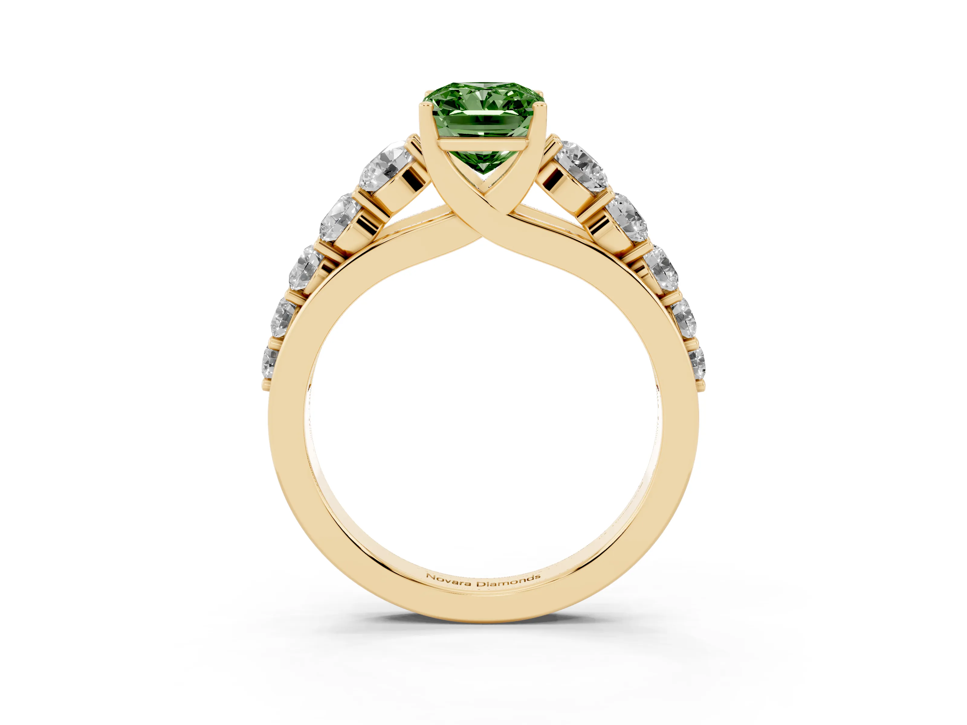 Fancy Green Radiant Cut Diamond Solitaire Ring Set in Yellow gold with Pavé-Set Band and Prong Setting