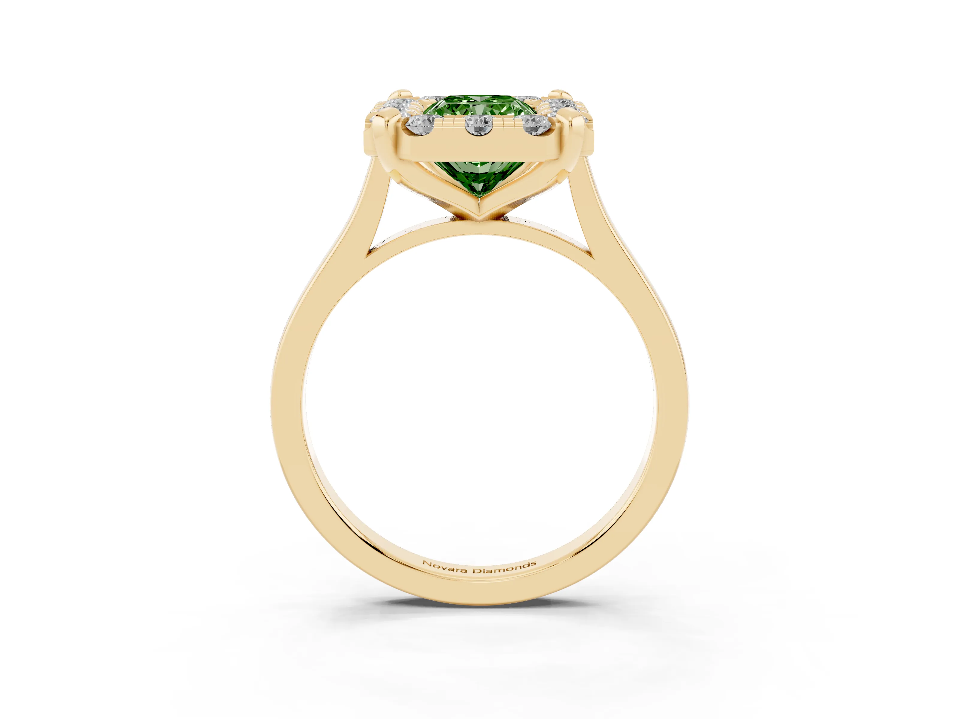 Fancy Green Radiant Cut Diamond Cluster Halo Solitaire Ring Set in Yellow gold with Prong Setting
