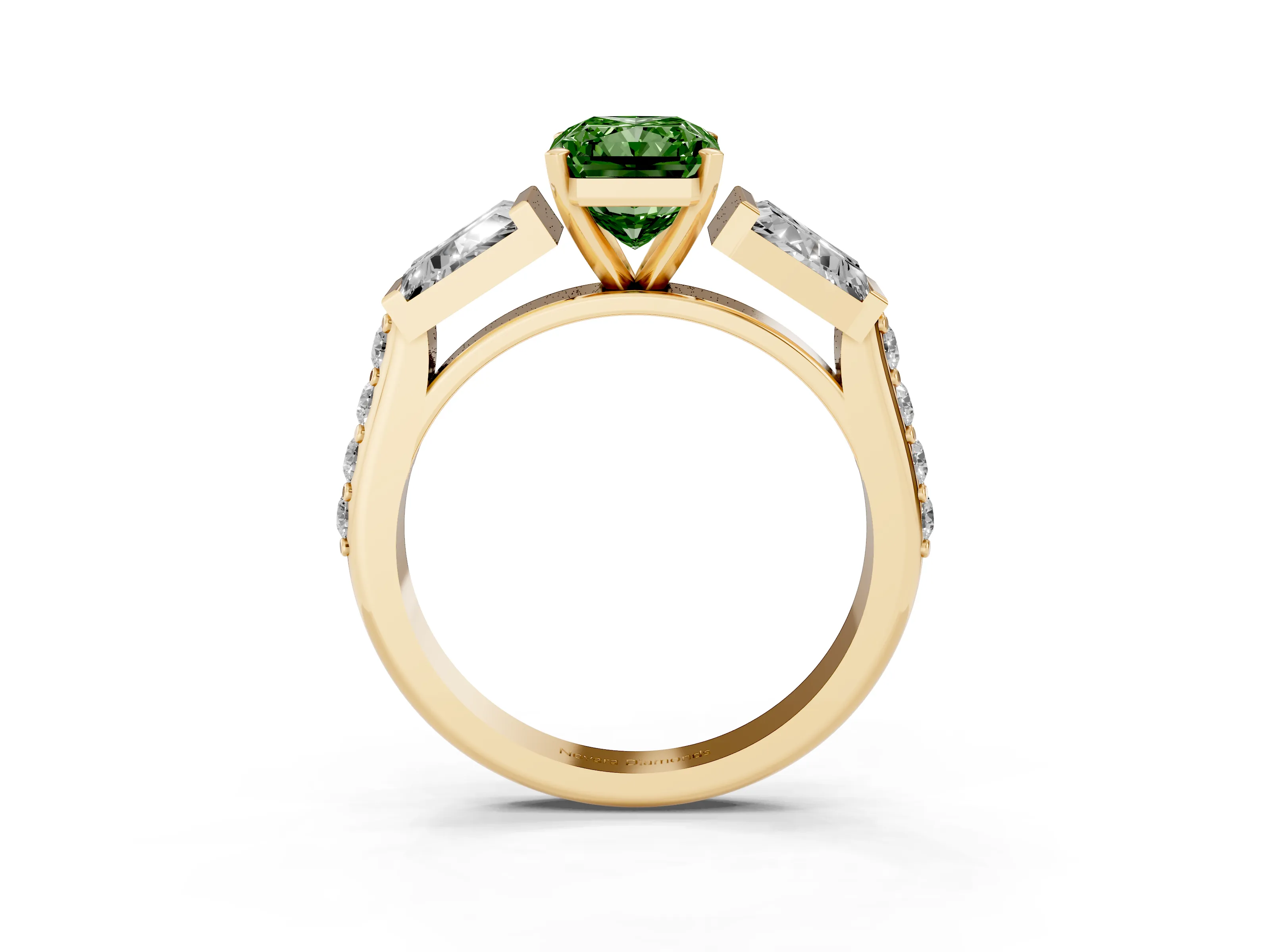 Fancy Green Radiant Cut Diamond Engagement Ring Set in Yellow gold with Baguette Side Stones and Channel Set Band
