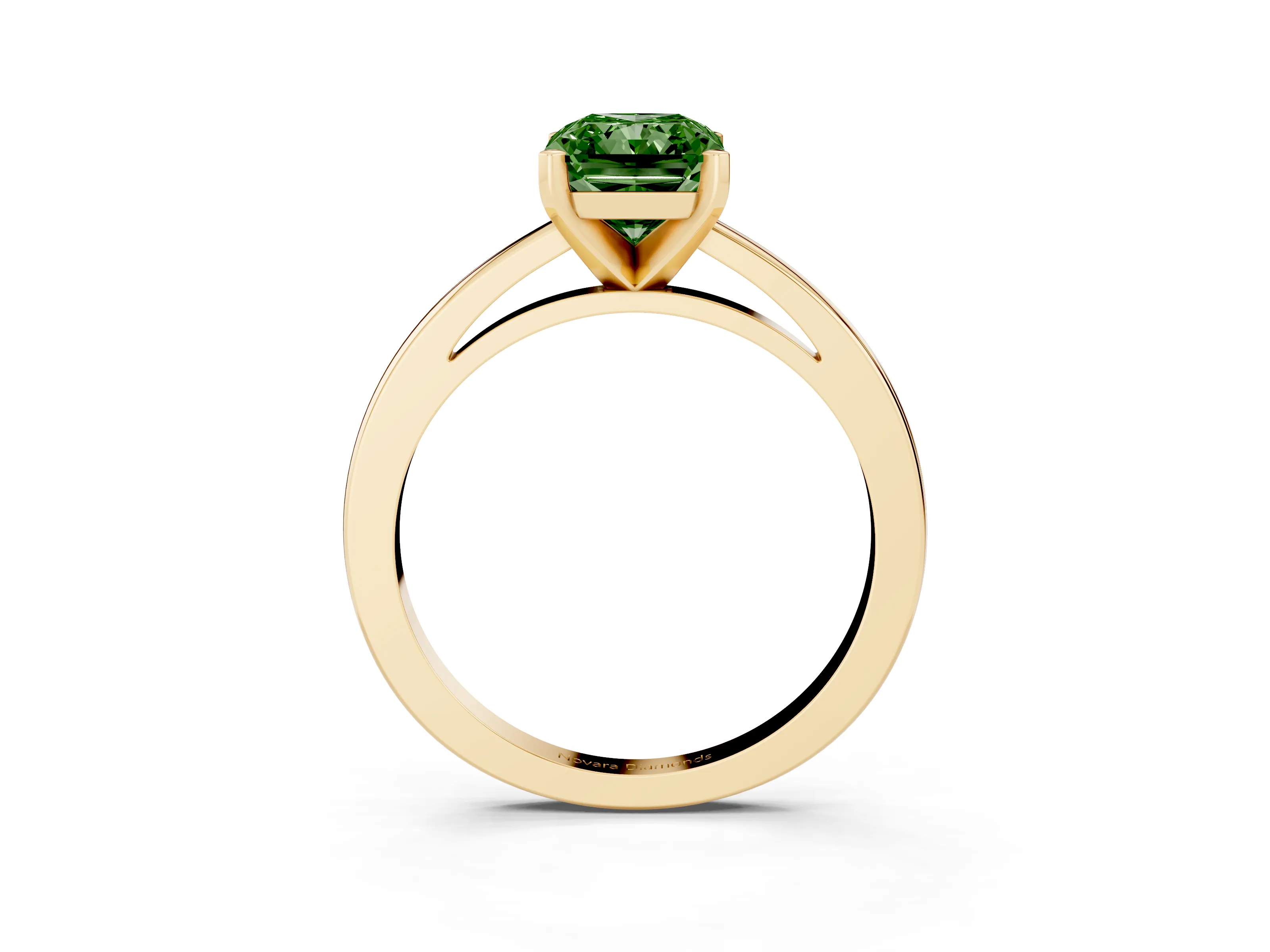 Fancy Green Radiant Cut Diamond Solitaire Engagement Ring Set in Yellow gold with Prong Setting on a Classic Band