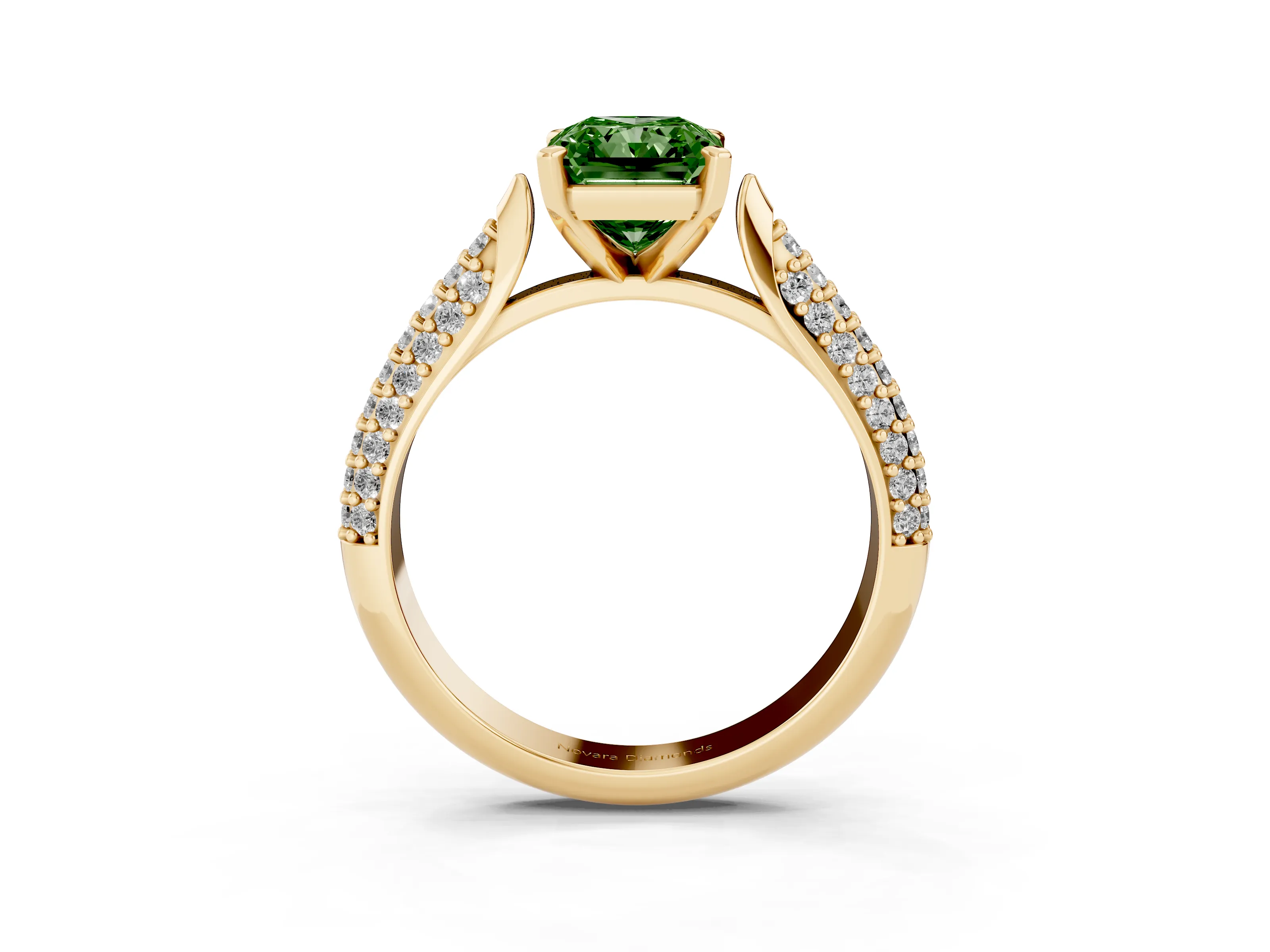 Fancy Green Radiant Cut Diamond Solitaire Engagement Ring Set in Yellow gold with Multi-Row Round Pavé Band and Prong Setting
