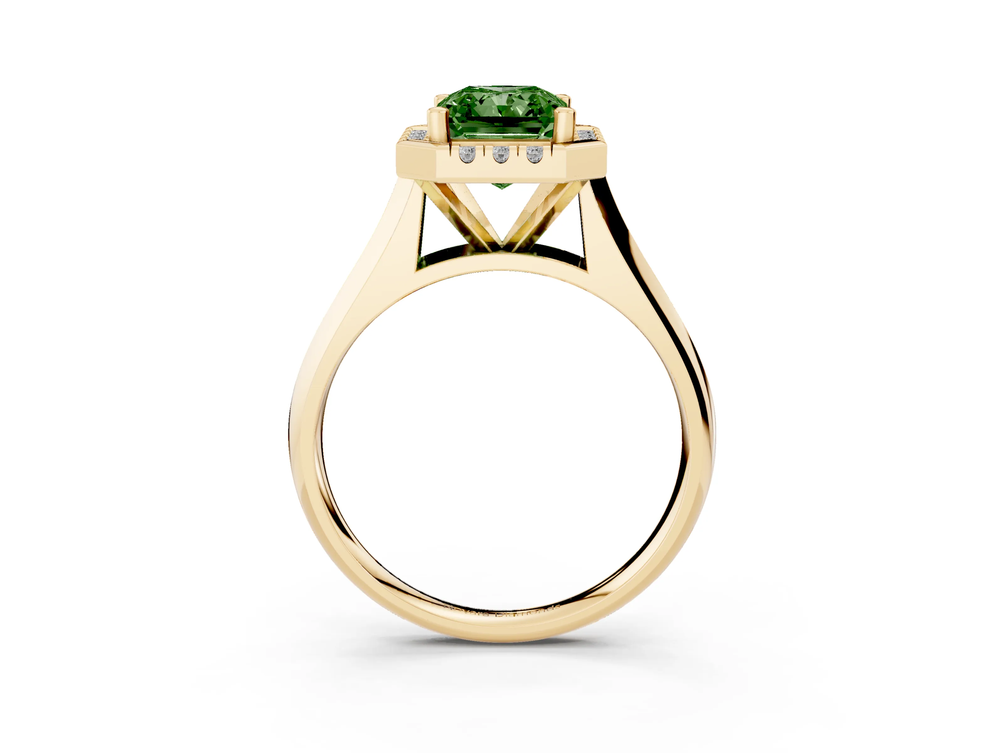 Fancy Green Radiant Cut Diamond Halo Solitaire Engagement Ring Set in Yellow gold with Square Band and Prong Setting