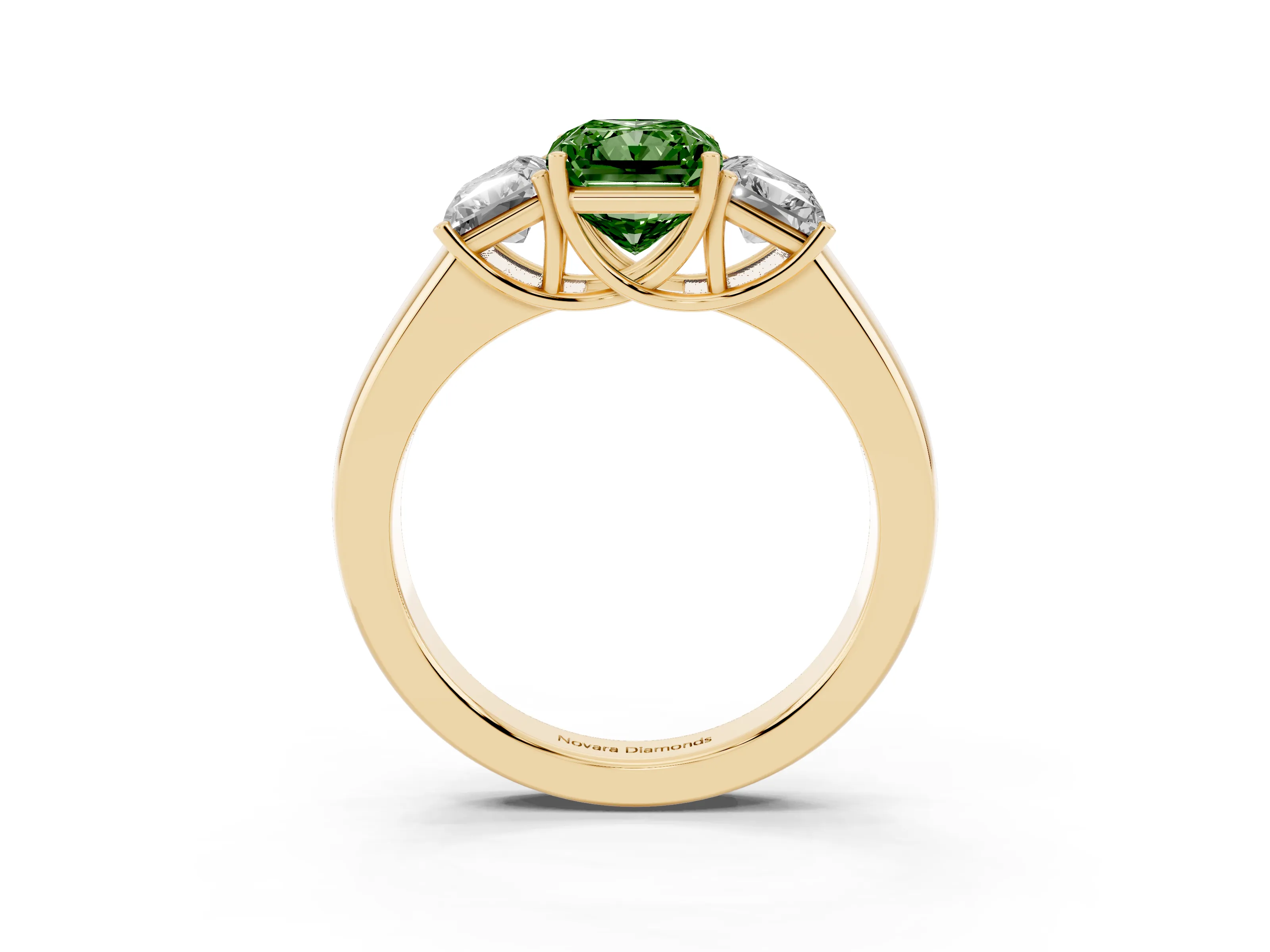 Fancy Green Three-Stone Radiant Cut Diamond Ring Set in Yellow gold with Matching Prong Settings and Plain Band