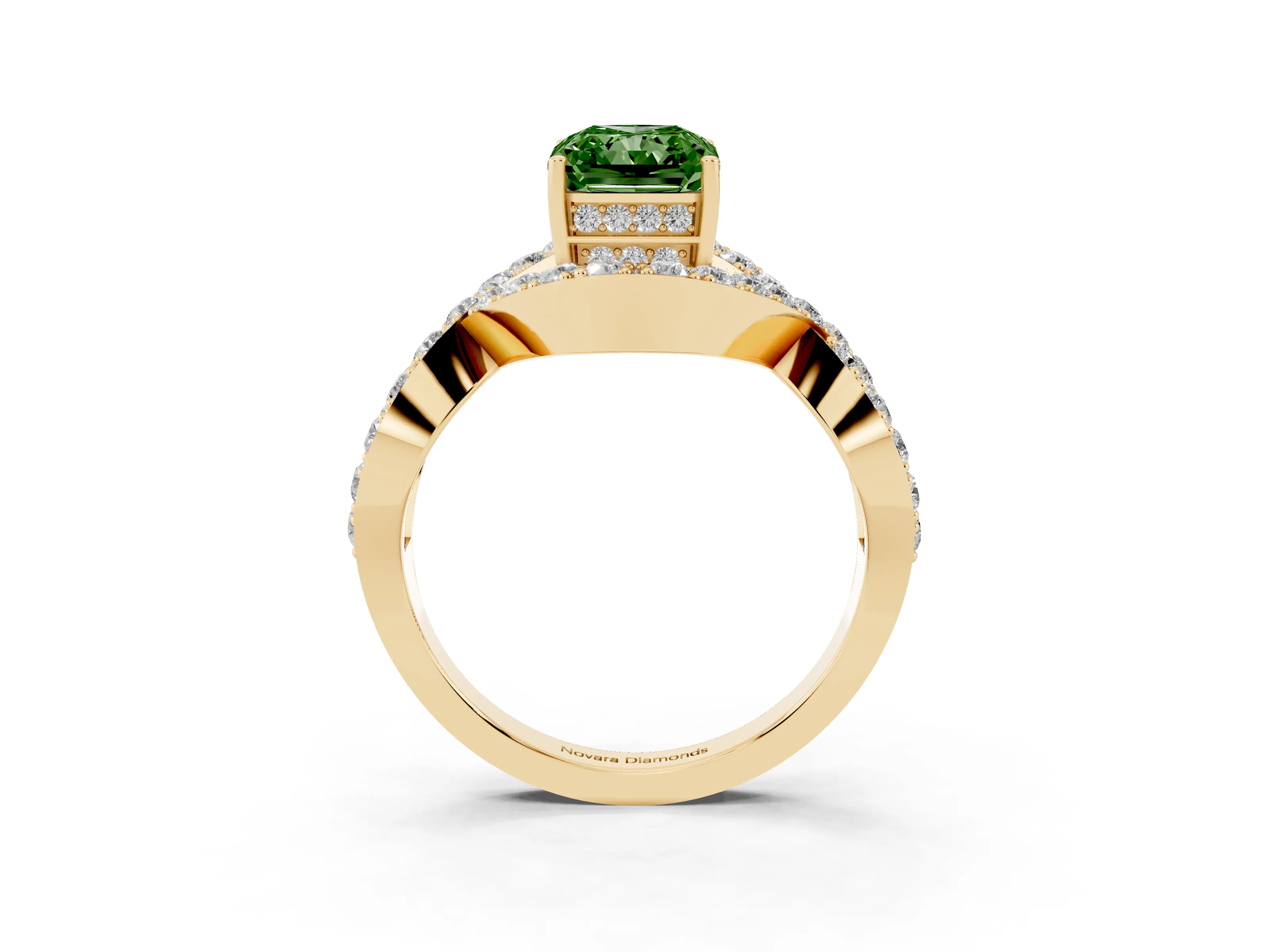 Fancy Green Radiant Cut Diamond Solitaire Twist Band Pavé Engagement Ring Set in Yellow gold