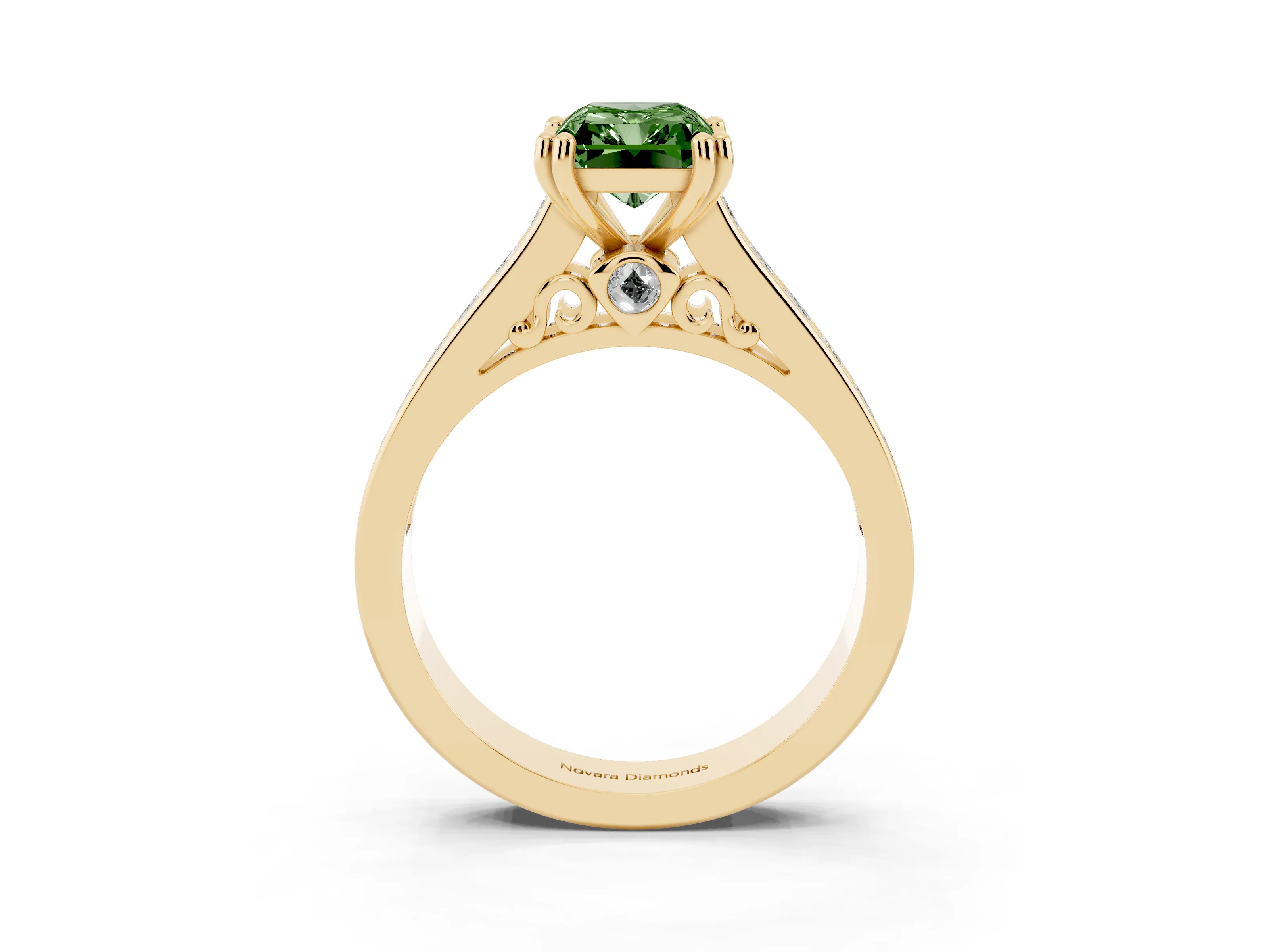 Fancy Green Radiant Cut Diamond Channel Set Solitaire Engagement Ring Set in Yellow gold with Prong Setting