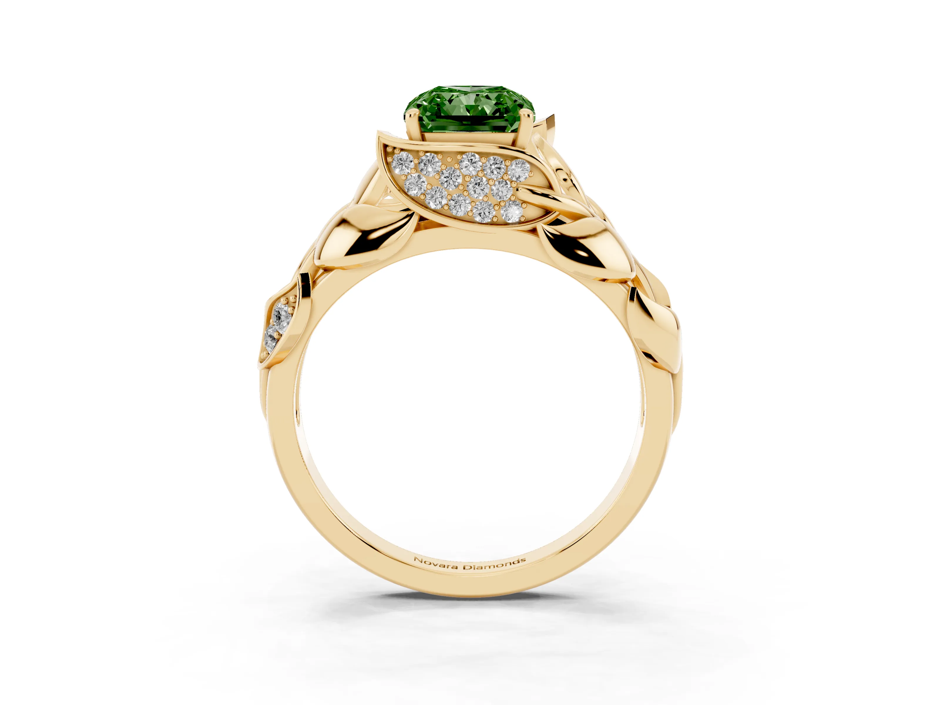 Fancy Green Radiant Cut Diamond Leaf-Inspired Engagement Ring Set in Yellow gold with Round Accents