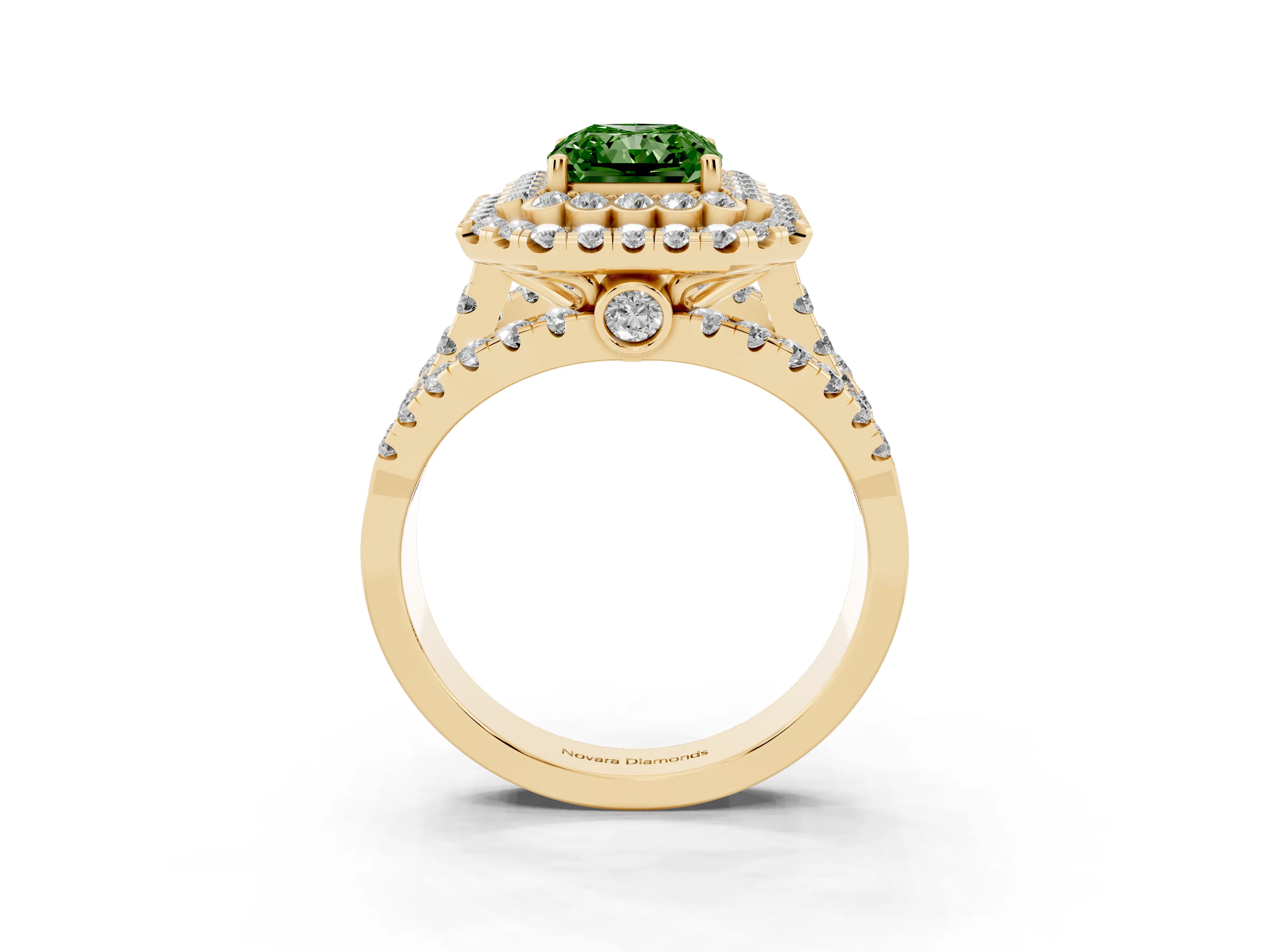 Fancy Green Radiant Cut Diamond Double Halo Ring Set in Yellow gold with Round Pavé Split Shank