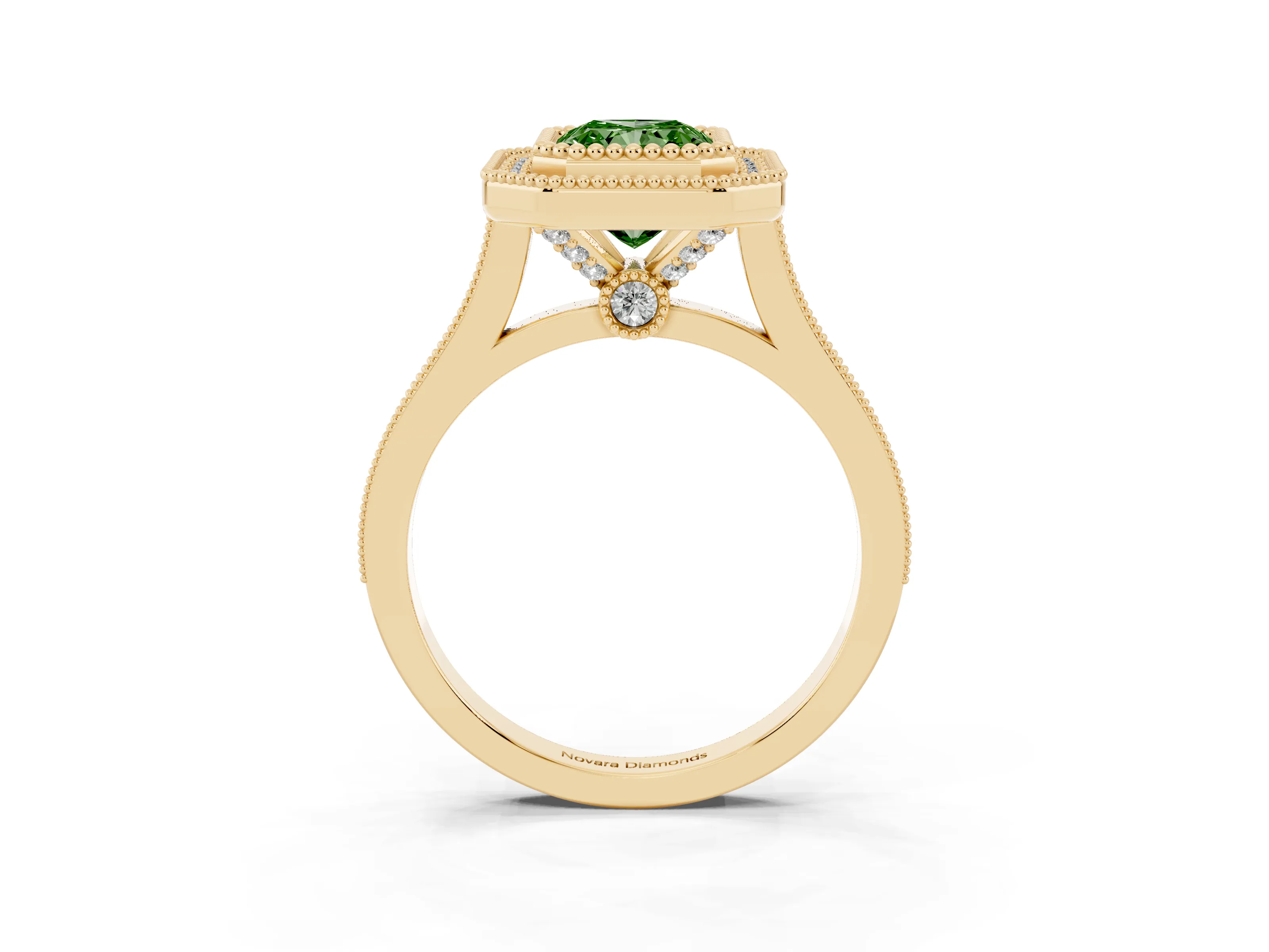 Fancy Green Radiant Cut Diamond Halo Ring Set in Yellow gold with Milgrain Frame and Pavé Band
