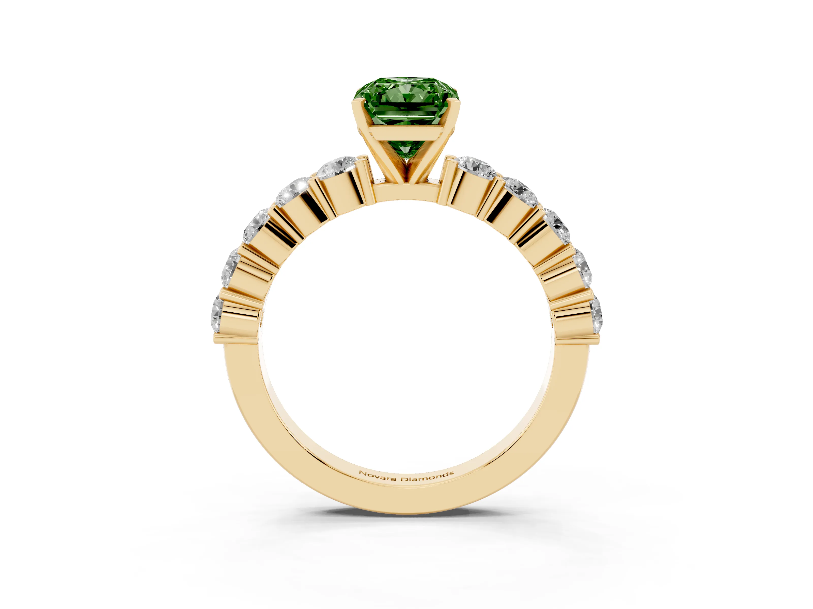 Fancy Green Radiant Cut Diamond Solitaire Ring Set in Yellow gold with Shared Prong Round Side Stones