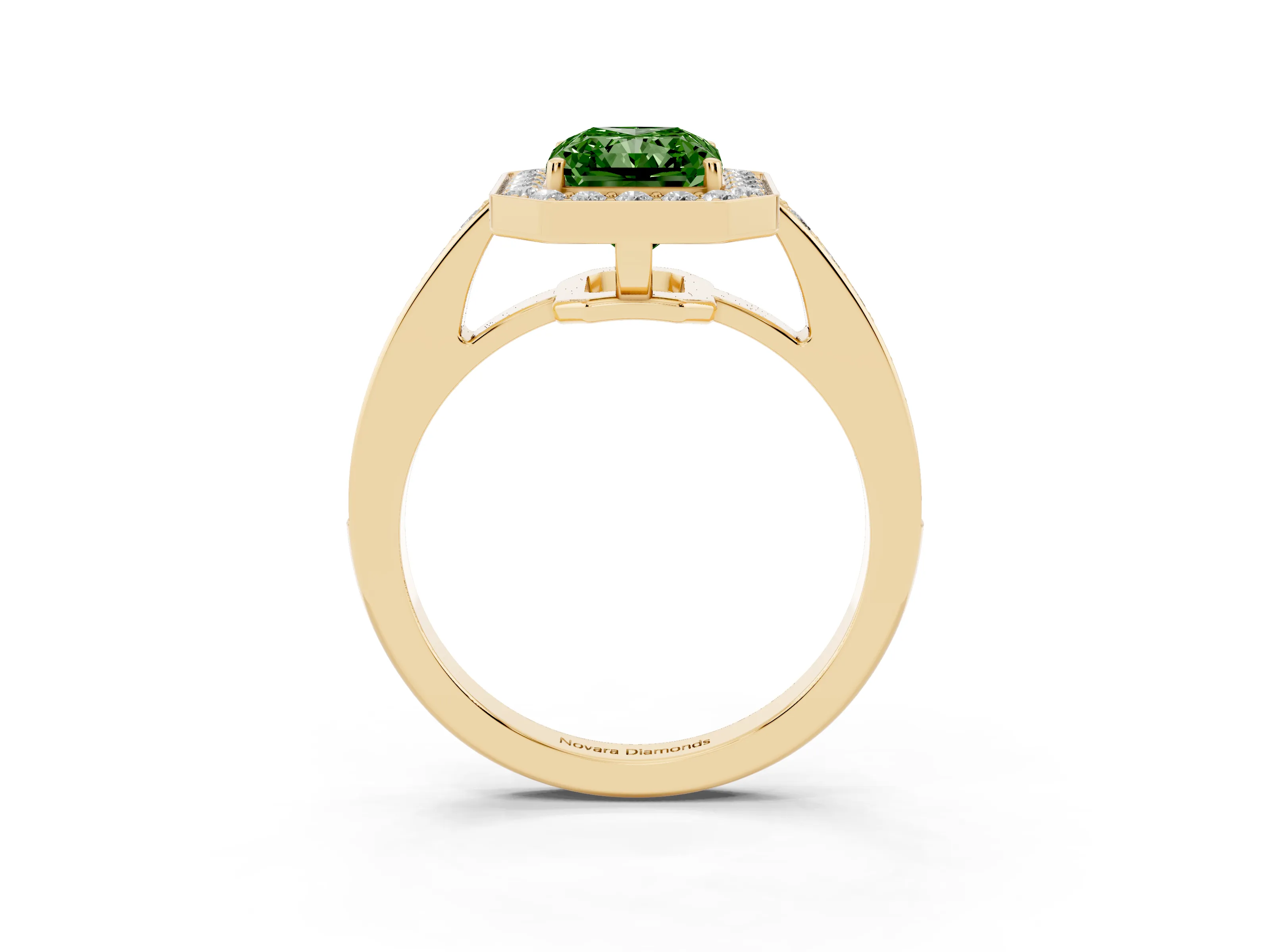 Fancy Green Radiant Cut Diamond Halo Pavé Engagement Ring Set in Yellow gold with Bezel Setting