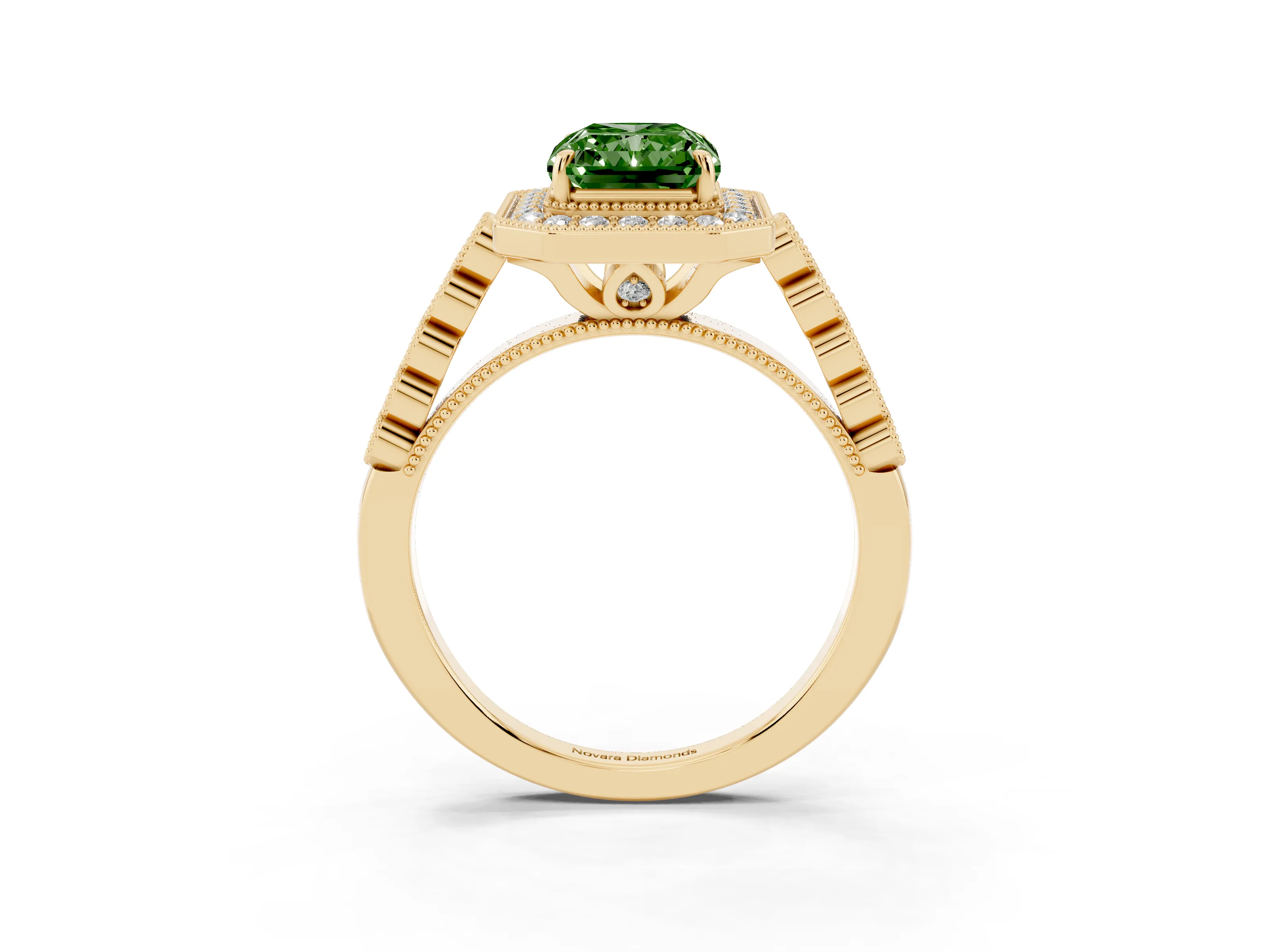 Fancy Green Radiant Cut Diamond Milgrain Halo Solitaire Ring Set in Yellow gold with Bezel Set Side Stones and Pavé Band