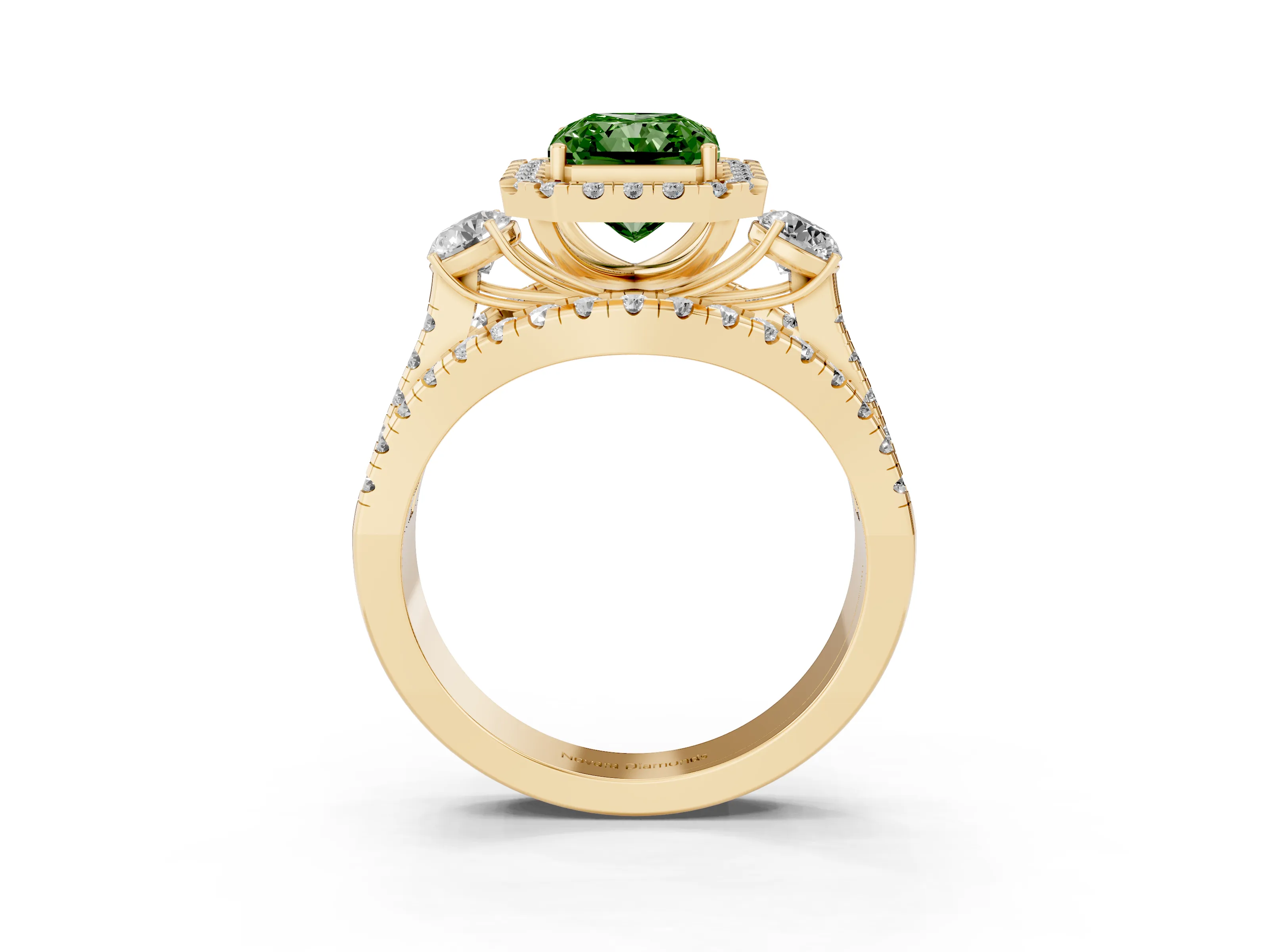 Fancy Green Radiant Cut Diamond Halo Split Shank Ring Set in Yellow gold with Round Accent Stones and Prong Setting