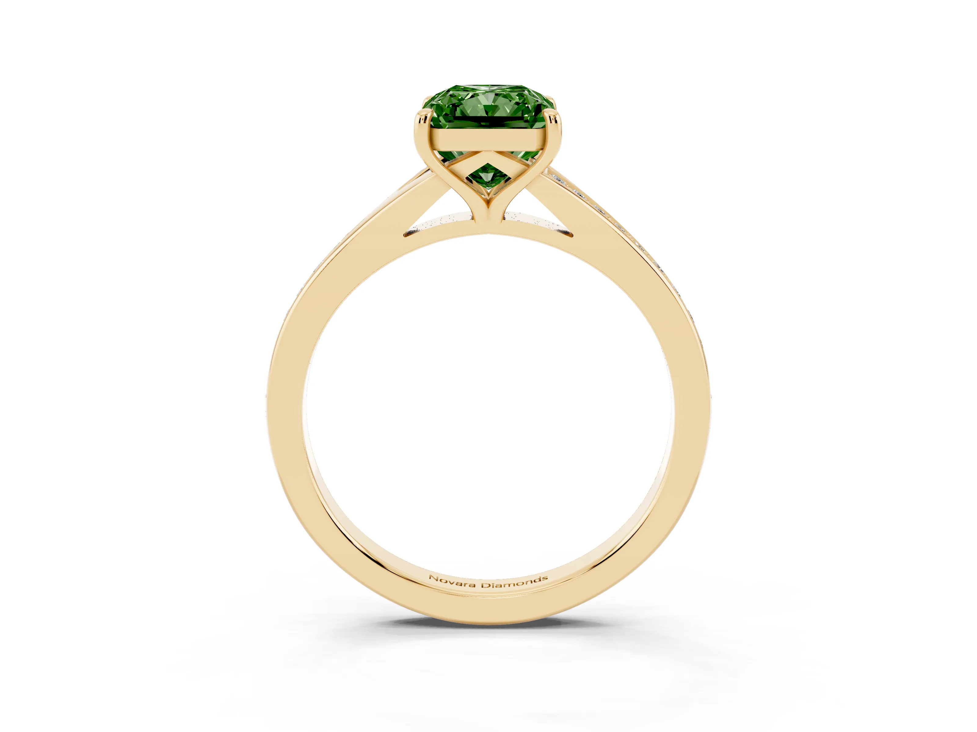 Fancy Green Radiant Cut Diamond Solitaire Ring Set in Yellow gold with Pavé Accent Band and Classic Prong Setting