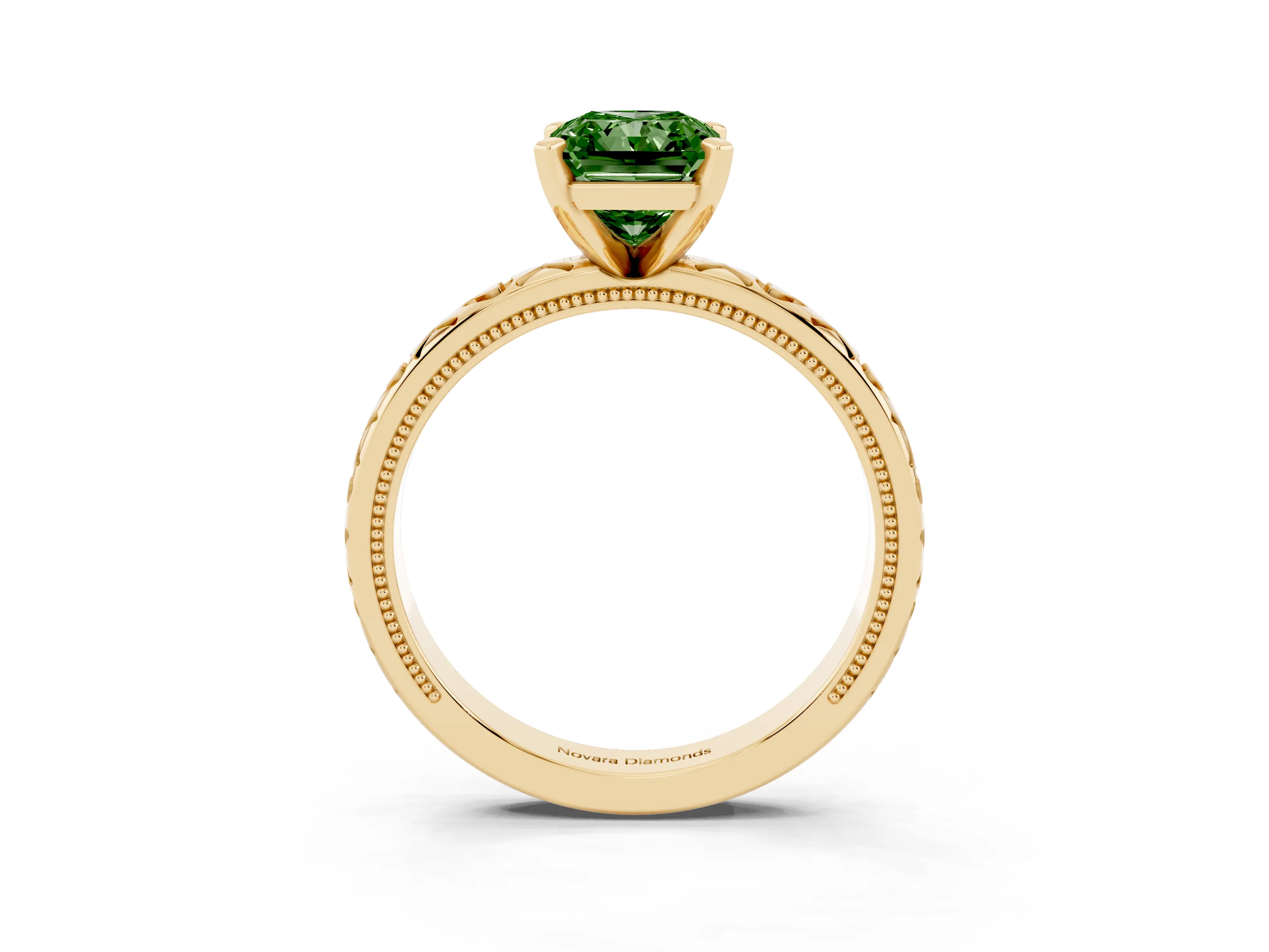 Fancy Green Radiant Cut Diamond Solitaire Engagement Ring Set in Yellow gold with XO Engraved Band and Prong Setting