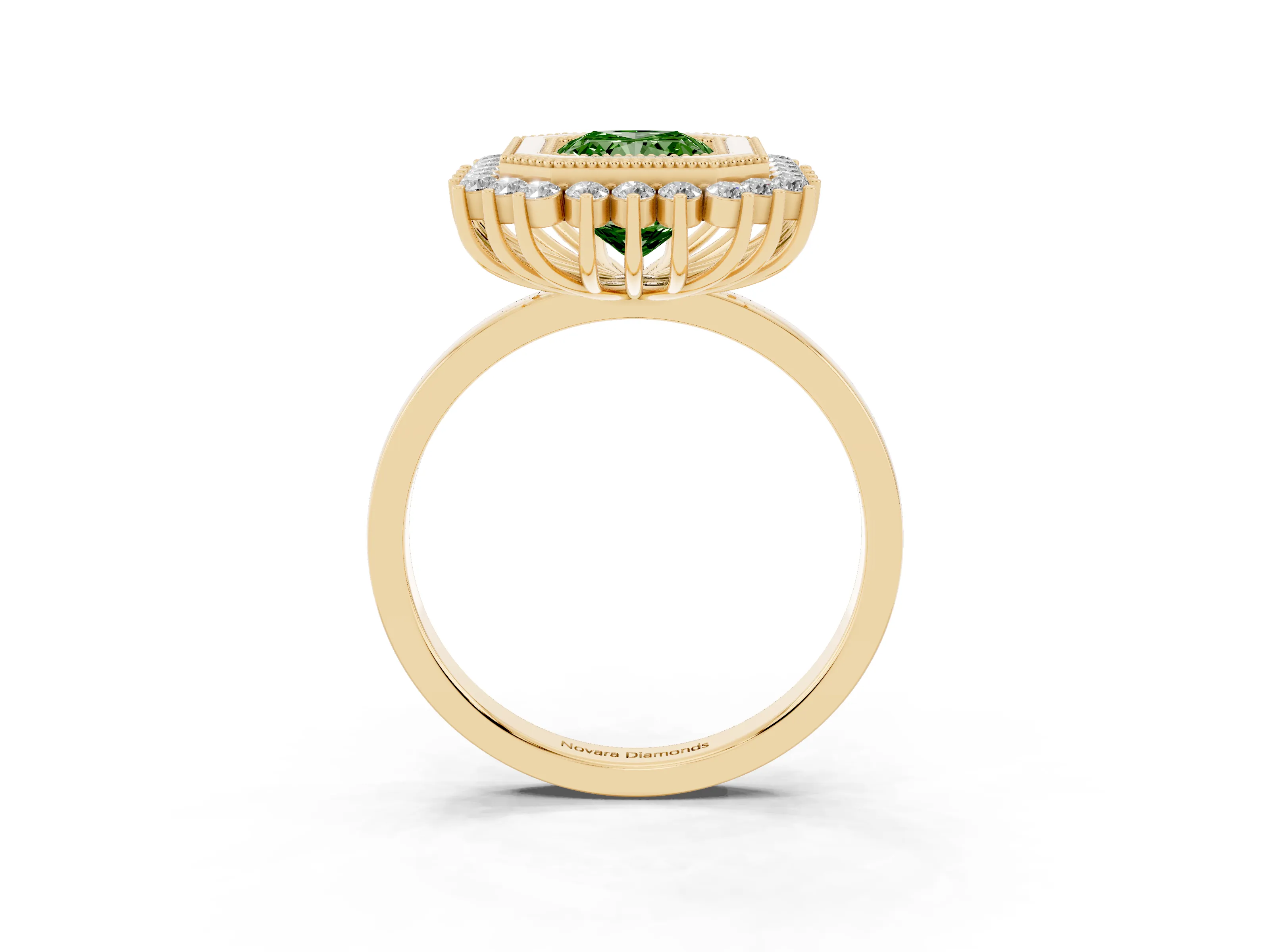 Fancy Green Radiant Cut Diamond Halo Ring Set in Yellow gold with Milgrain Edge and Round Prong Setting