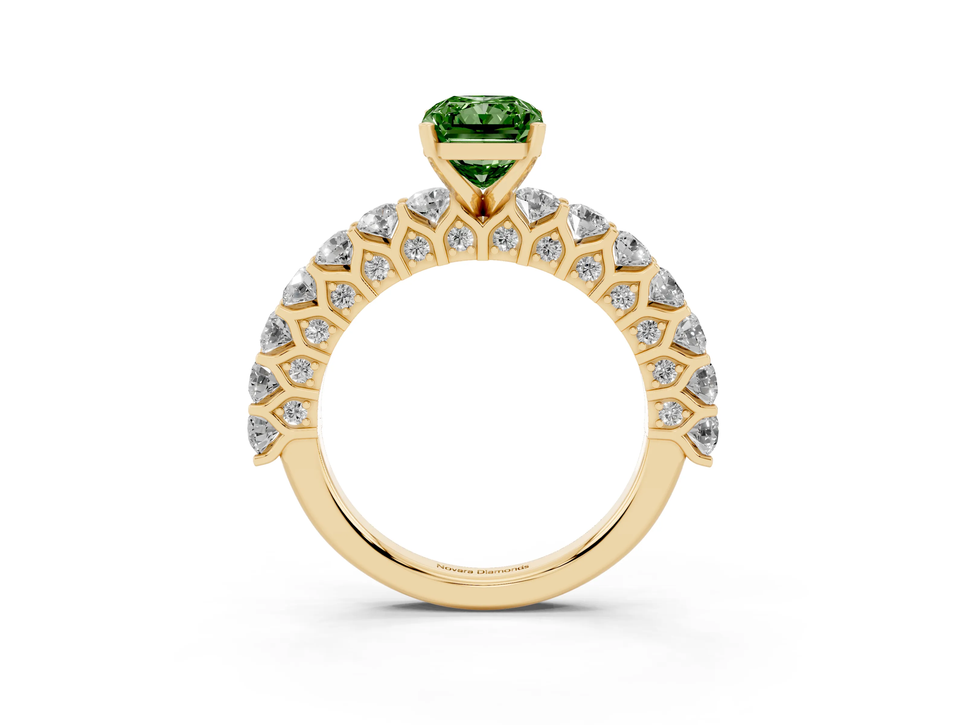 Fancy Green Radiant Cut Diamond Solitaire Ring Set in Yellow gold with Shared Prong Pavé Band